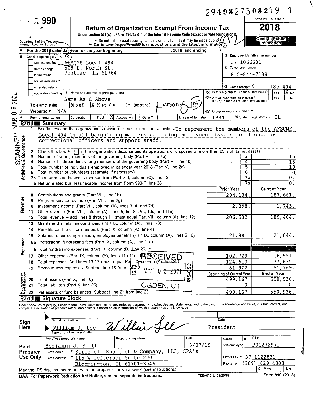 Image of first page of 2018 Form 990O for American Federation of State County & Municipal Employees - L0494il Pontiac Correctnl Ctr Emp