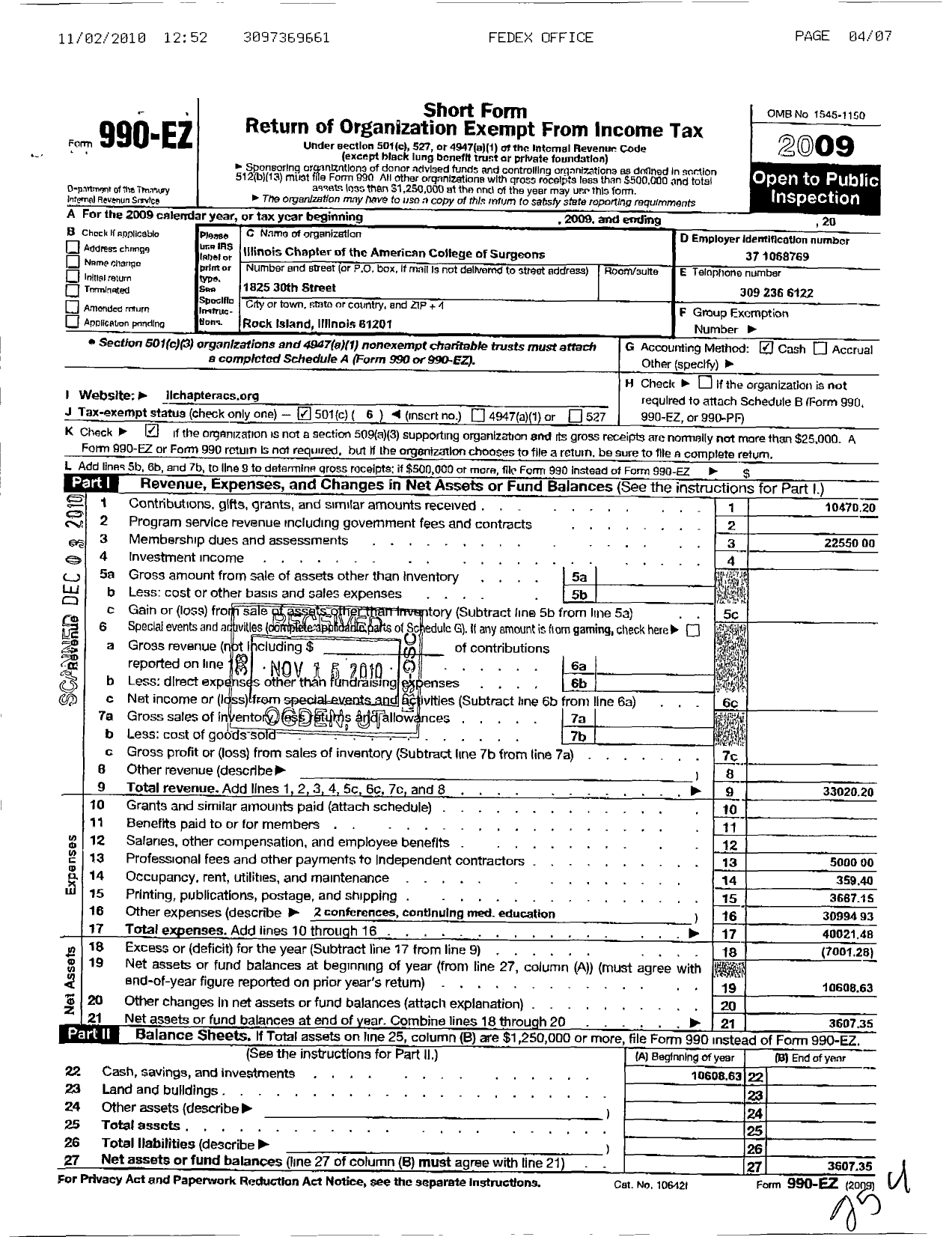 Image of first page of 2009 Form 990EO for Illinois Chapter of the American College of Surgeons Excl of CHG