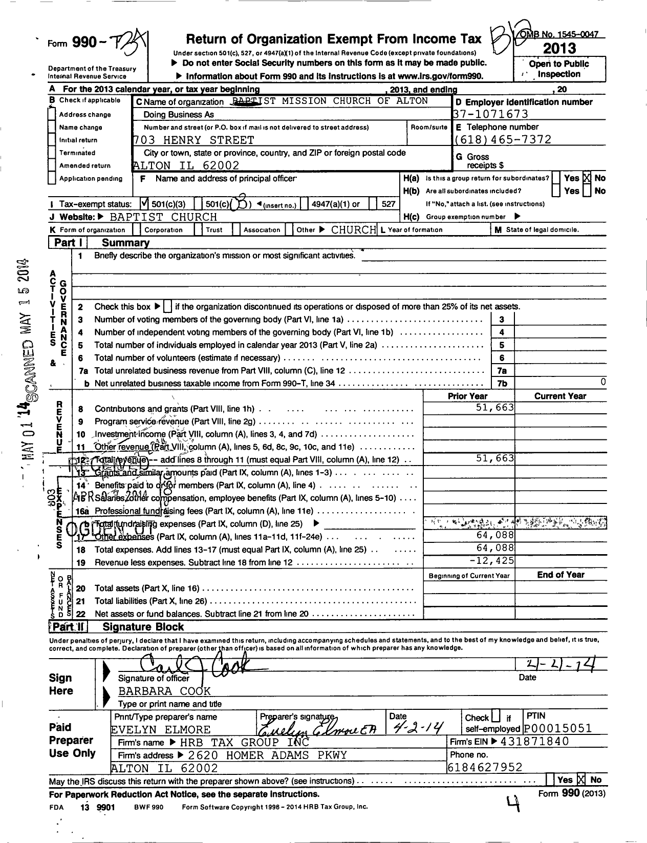 Image of first page of 2013 Form 990 for Baptist Mission Church of Alt