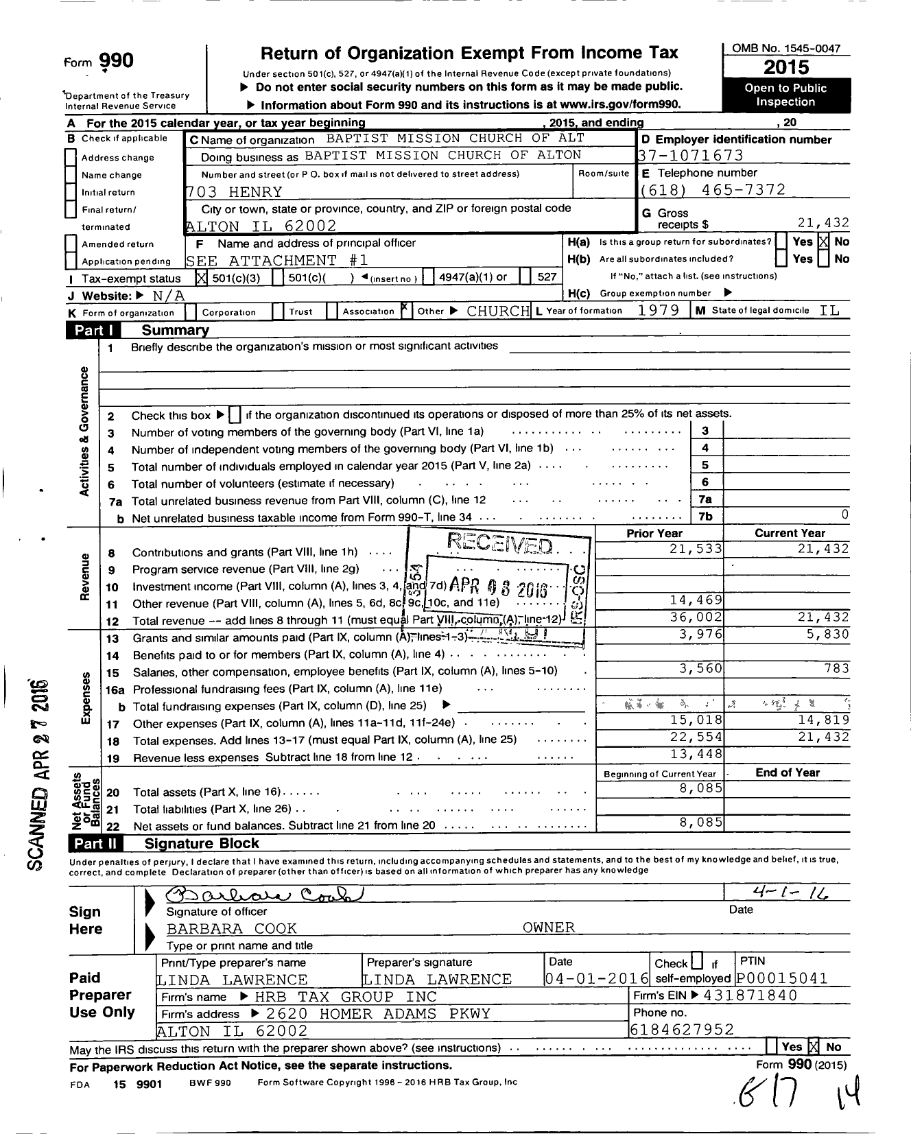 Image of first page of 2015 Form 990 for Baptist Mission Church of Alt