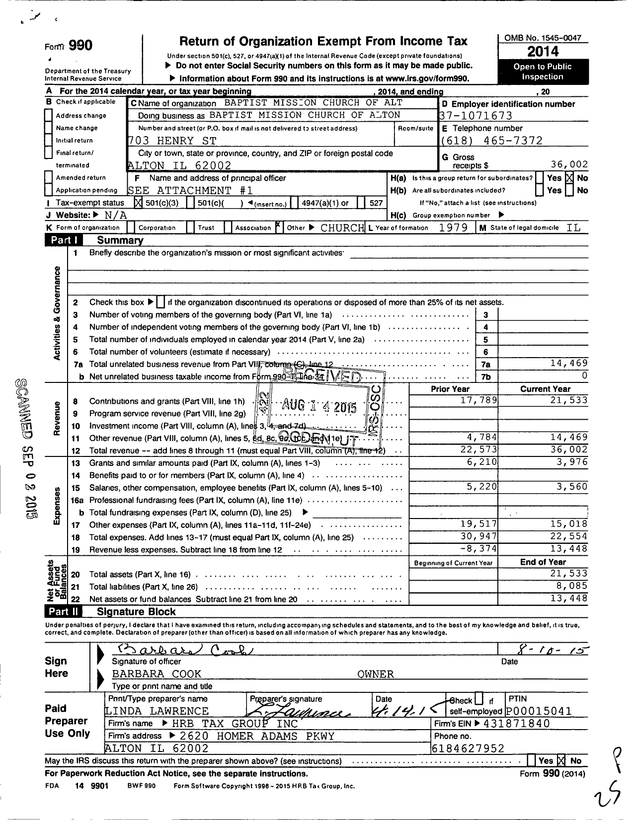 Image of first page of 2014 Form 990 for Baptist Mission Church of Alt