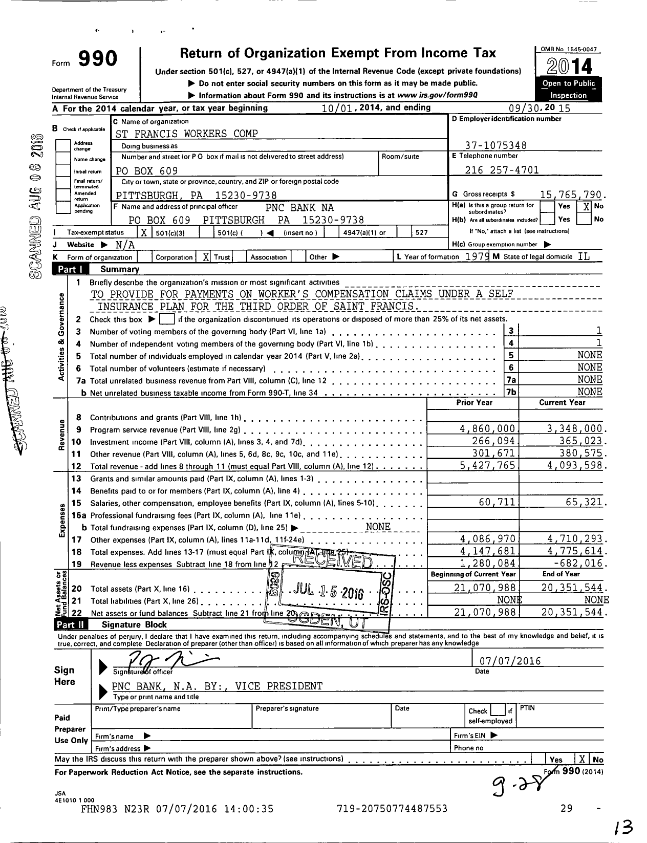 Image of first page of 2014 Form 990 for St Francis Workers Comp