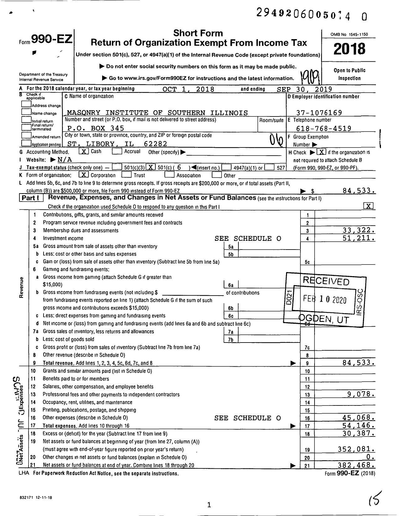 Image of first page of 2018 Form 990EO for Masonry Institute of Southern Illinois