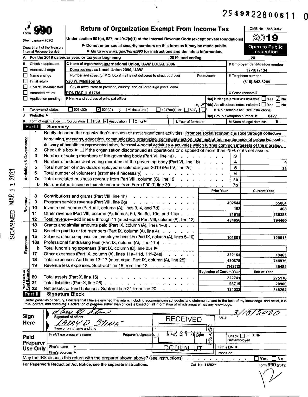 Image of first page of 2019 Form 990O for UAW - International Union UAW Local 2096