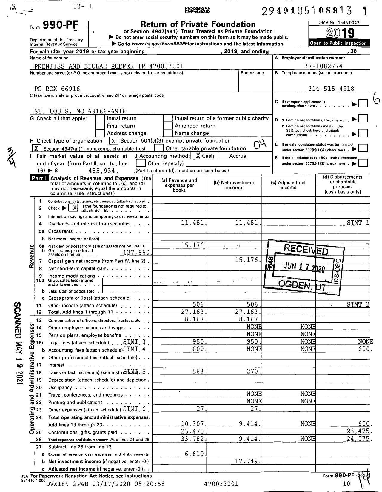 Image of first page of 2019 Form 990PF for Prentiss and Beulah Puffer TR XXX-XX-XXXX