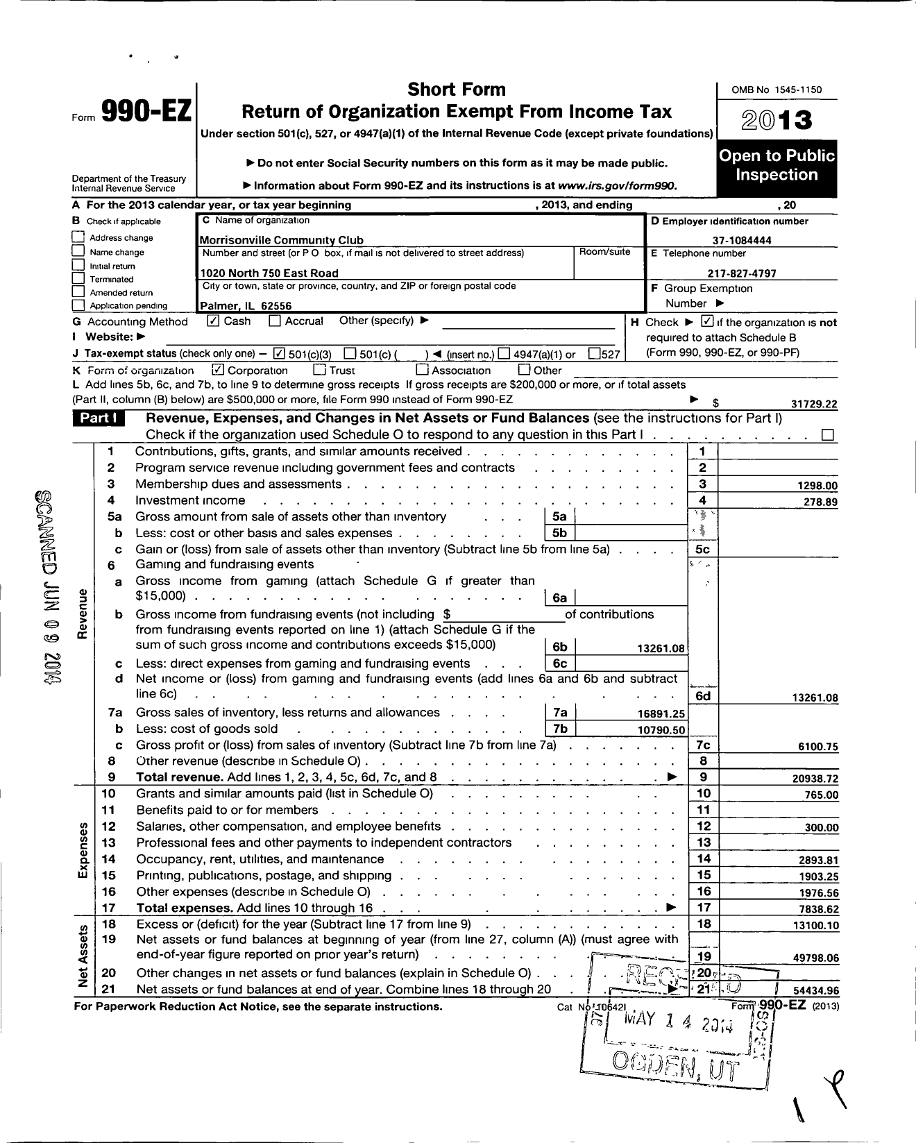 Image of first page of 2013 Form 990EZ for Morrisonville Community Club