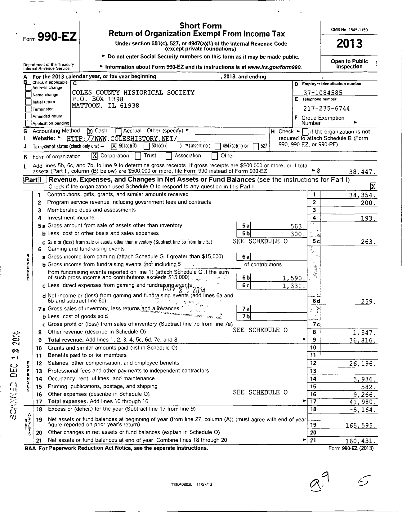 Image of first page of 2013 Form 990EZ for Coles County Historical Society