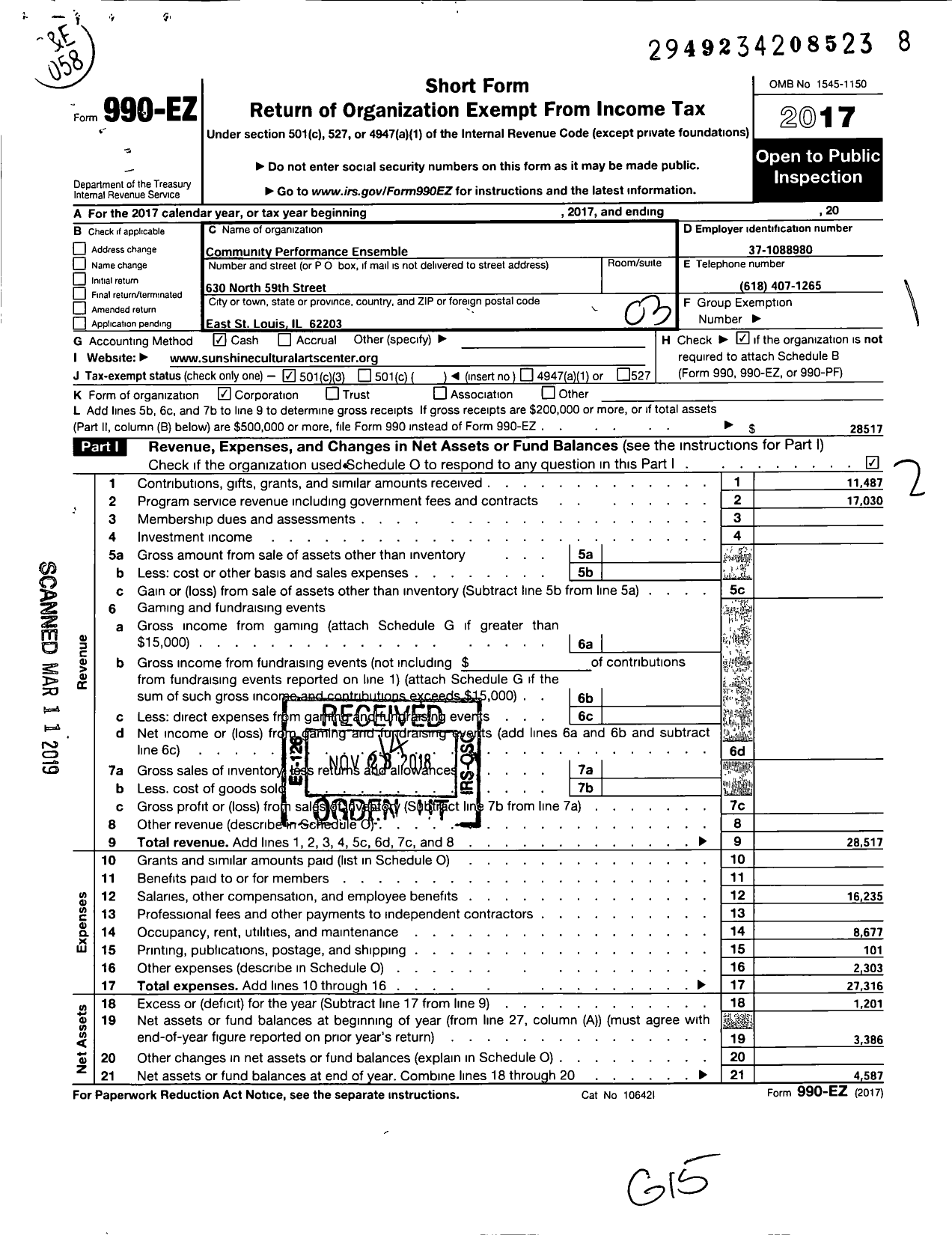 Image of first page of 2017 Form 990EZ for Community Performance Ensemble