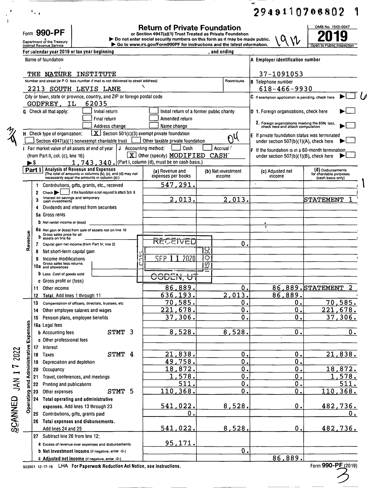 Image of first page of 2019 Form 990PF for The Nature Institute