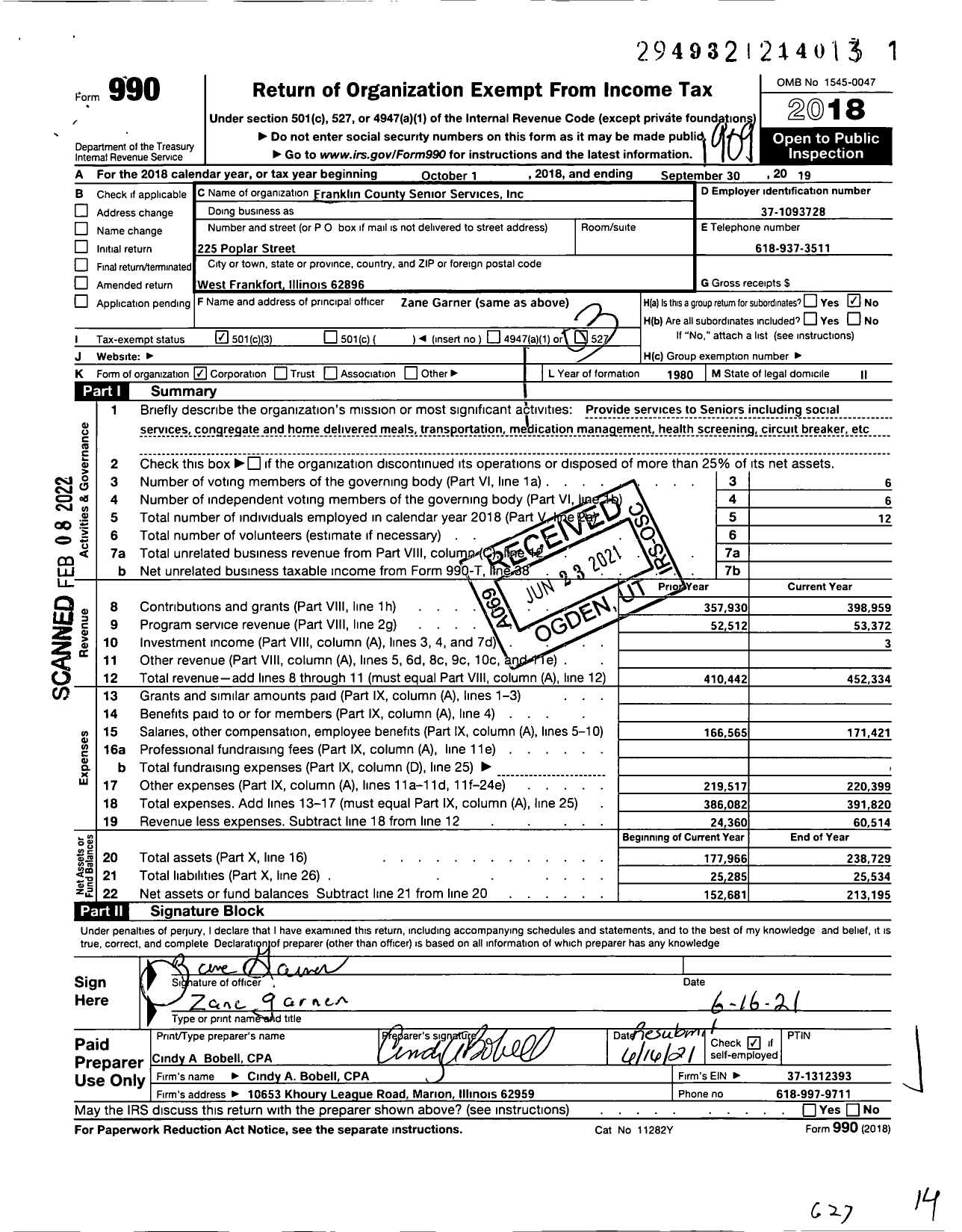 Image of first page of 2018 Form 990 for Franklin County Senior Services