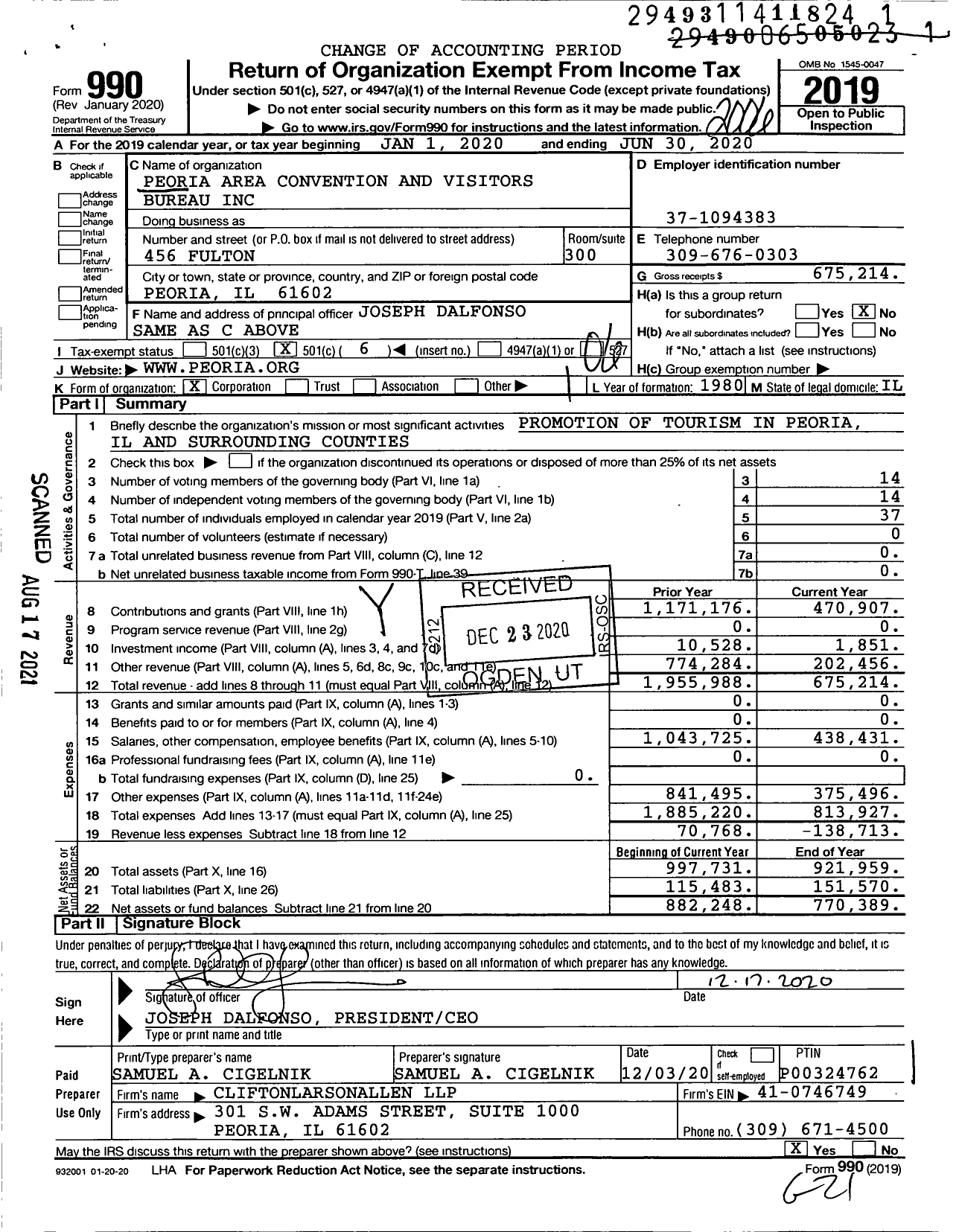 Image of first page of 2019 Form 990O for Discover Peoria (PACVB)