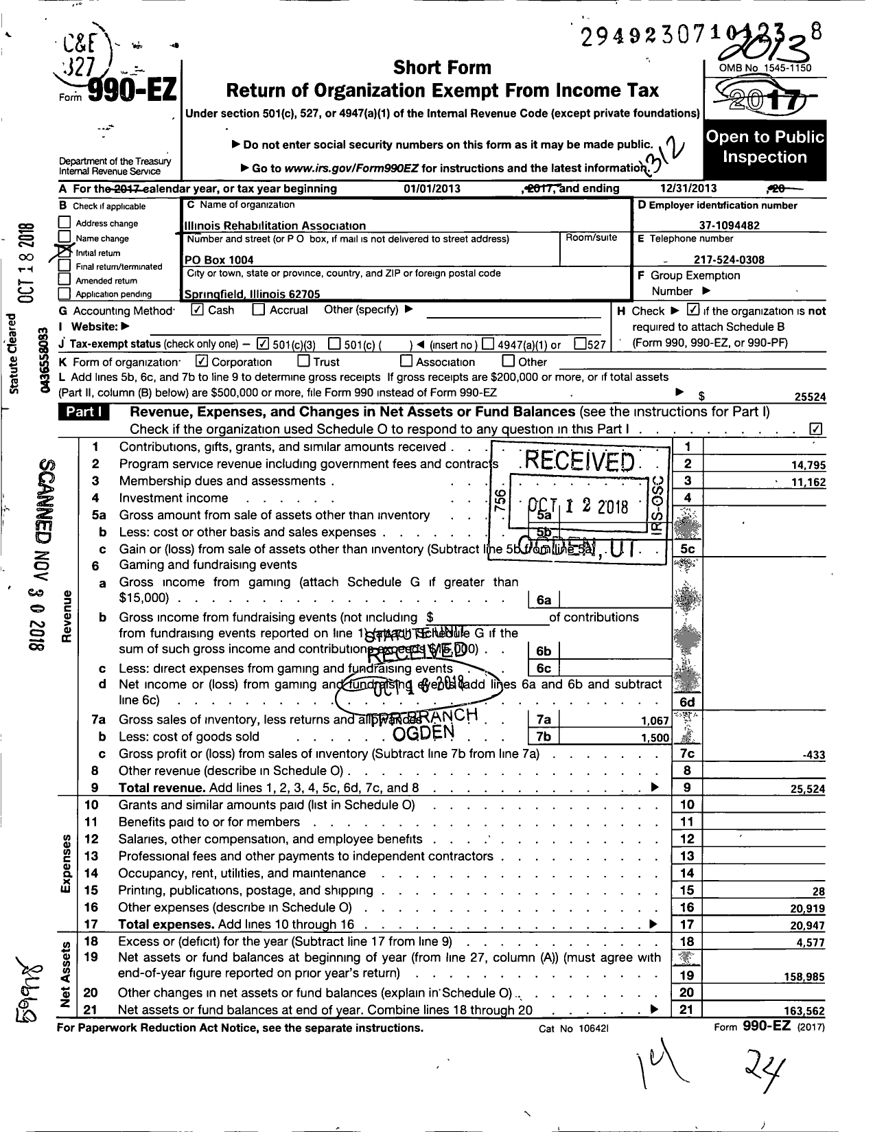Image of first page of 2013 Form 990EZ for Illinois Rehabilitation Association