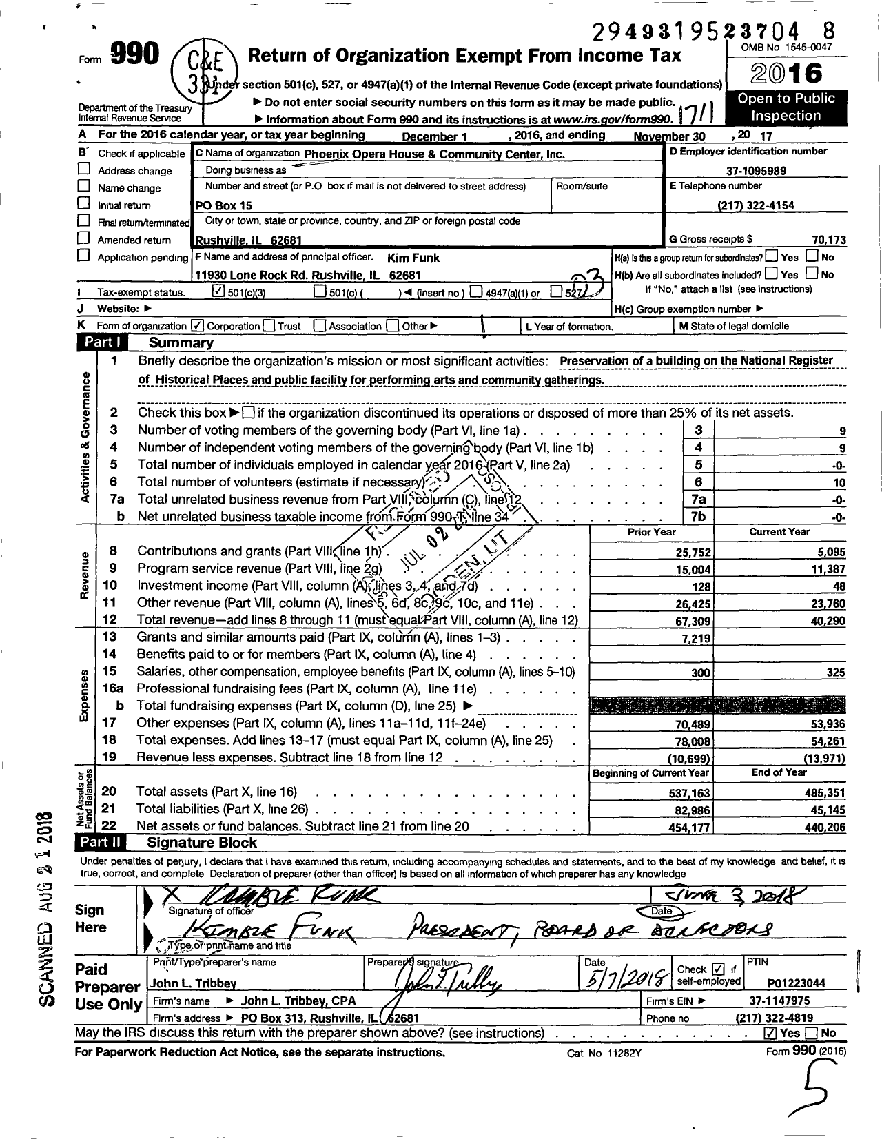 Image of first page of 2016 Form 990 for Phoenix Opera House and Community Center