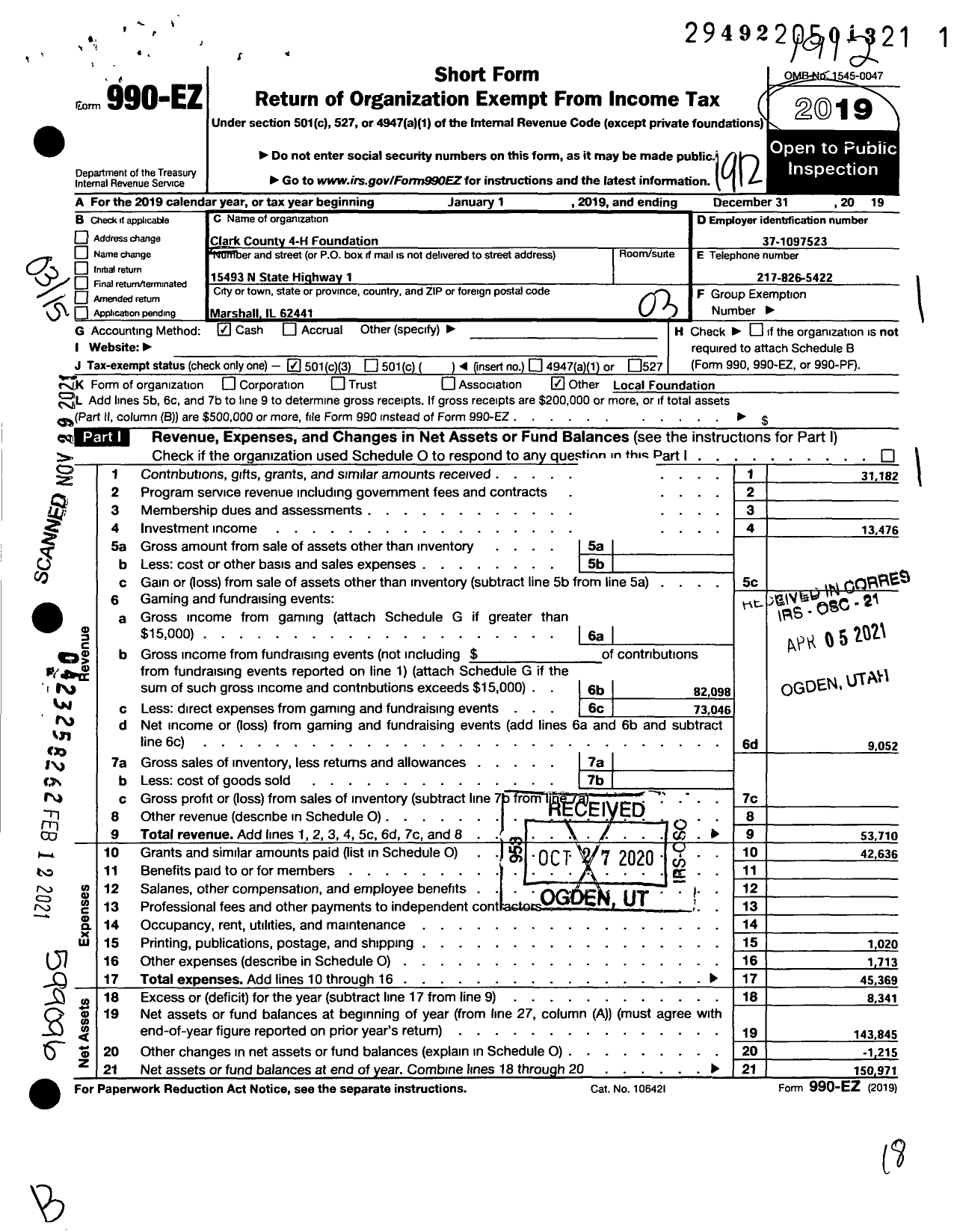 Image of first page of 2019 Form 990EZ for Clark County 4-H Foundation