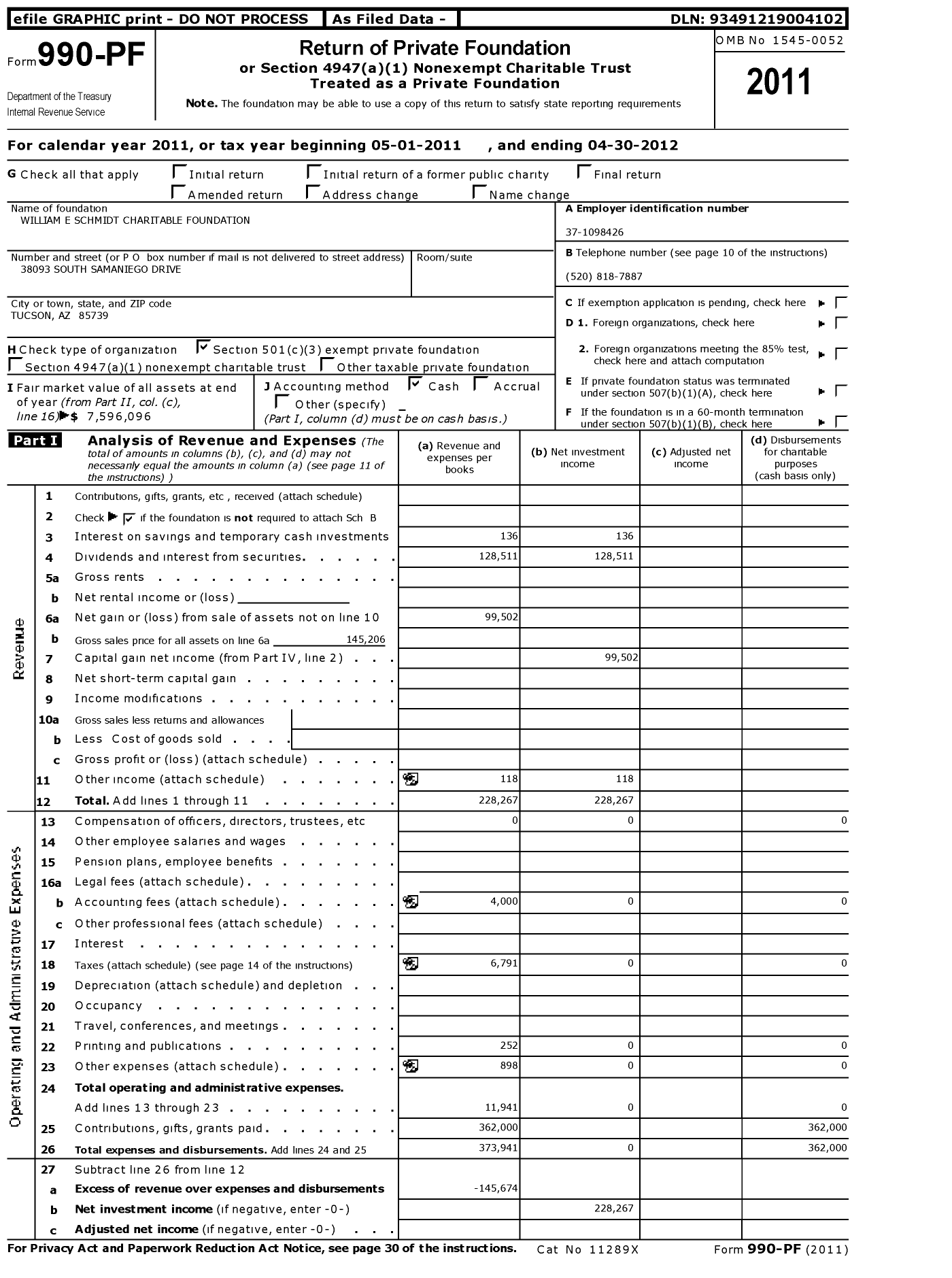 Image of first page of 2011 Form 990PF for William E Schmidt Charitable Foundation