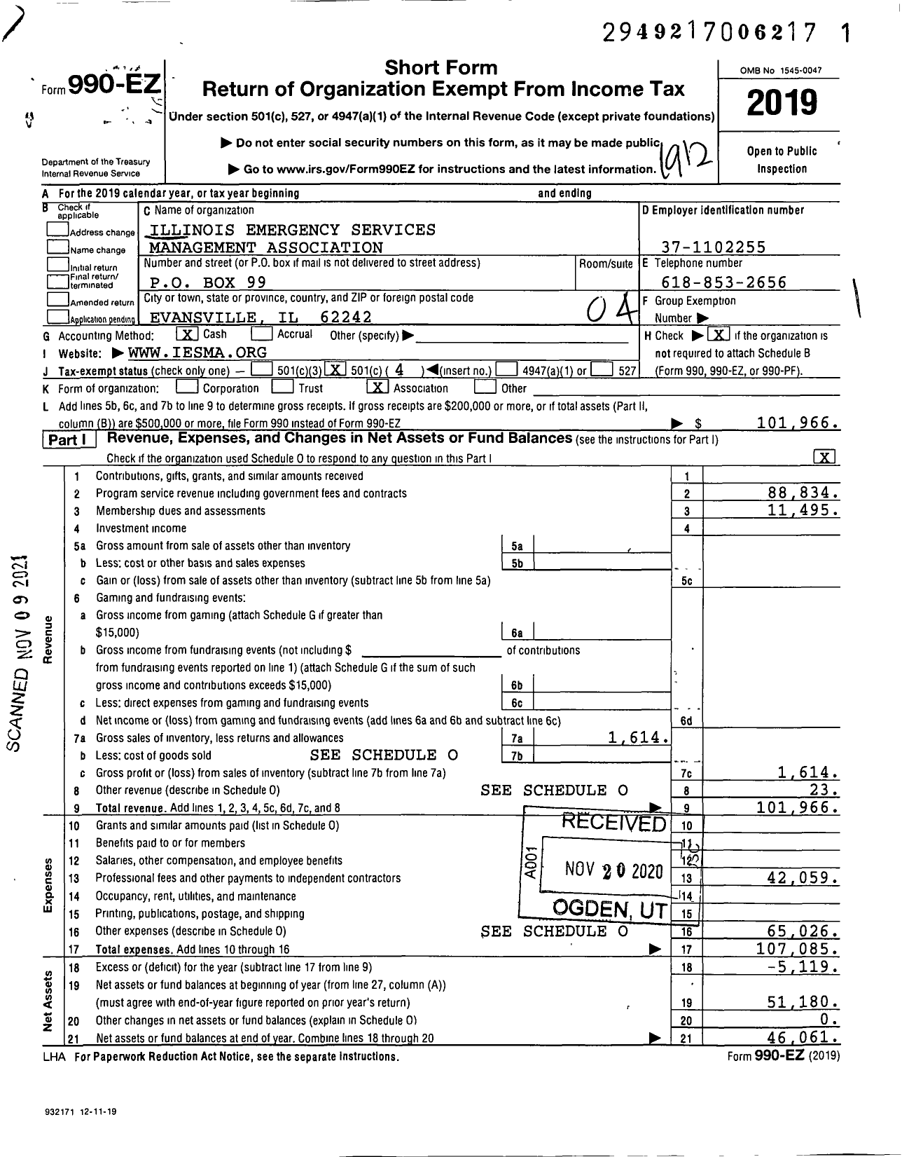 Image of first page of 2019 Form 990EO for Illinois Emergency Services Management Association