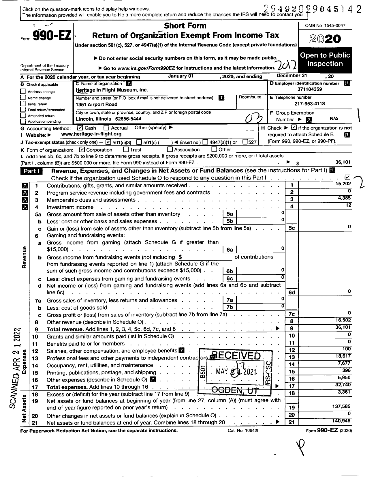 Image of first page of 2020 Form 990EZ for Heritage in Flight Museum