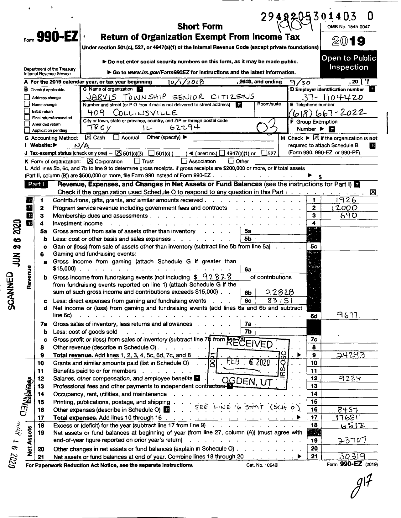 Image of first page of 2018 Form 990EZ for Jarvis Township Senior Citizens