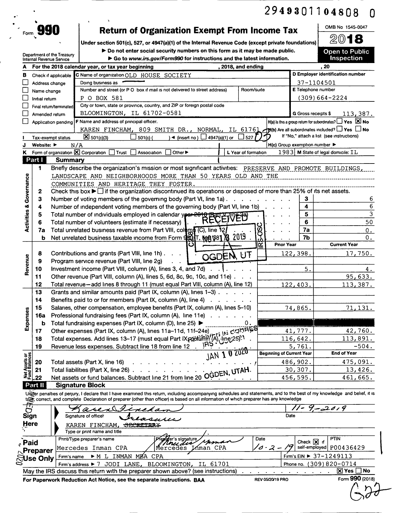Image of first page of 2018 Form 990 for Old House Society