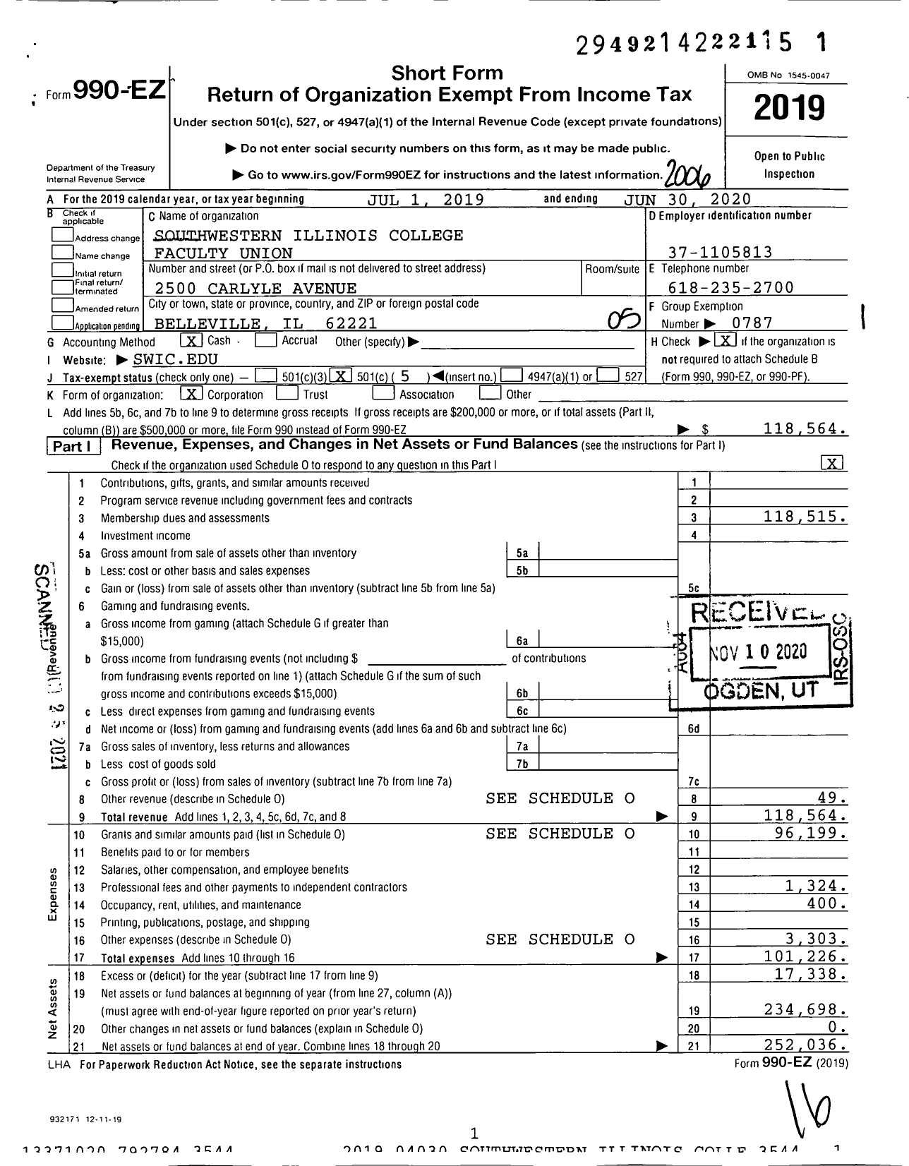 Image of first page of 2019 Form 990EO for American Federation of Teachers - 4183 Southwestern Illinois College