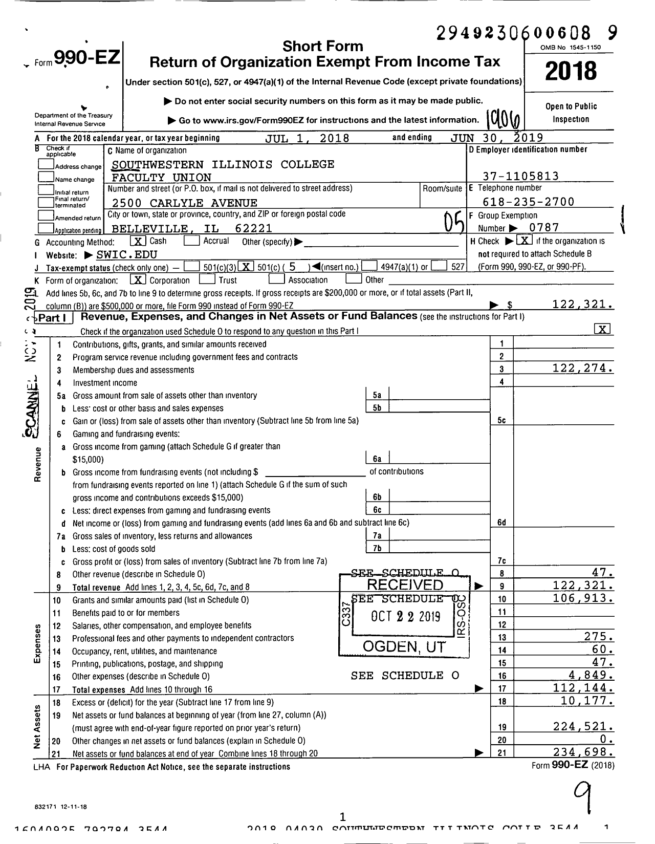 Image of first page of 2018 Form 990EO for American Federation of Teachers - 4183 Southwestern Illinois College