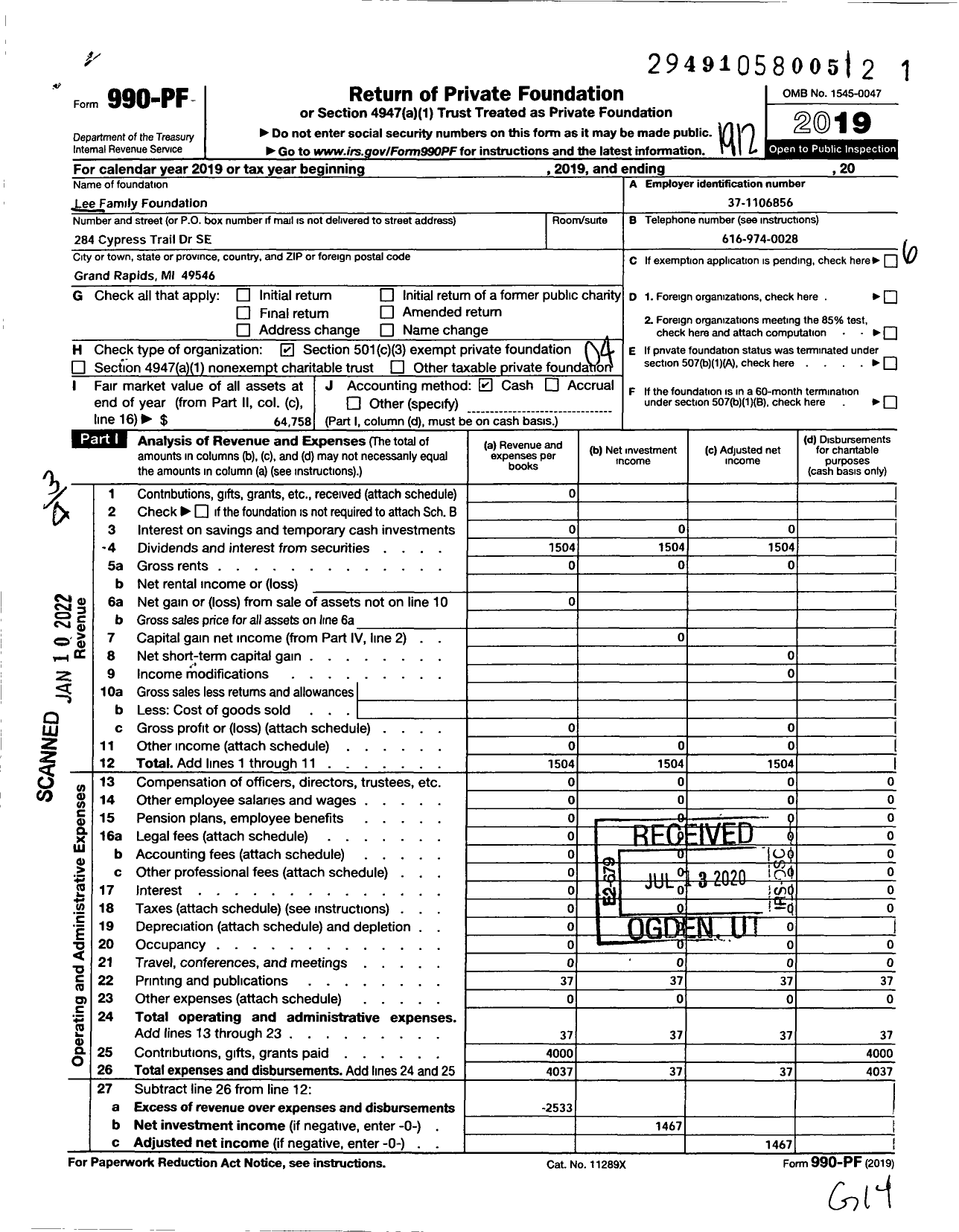 Image of first page of 2019 Form 990PF for Lee Family Foundation