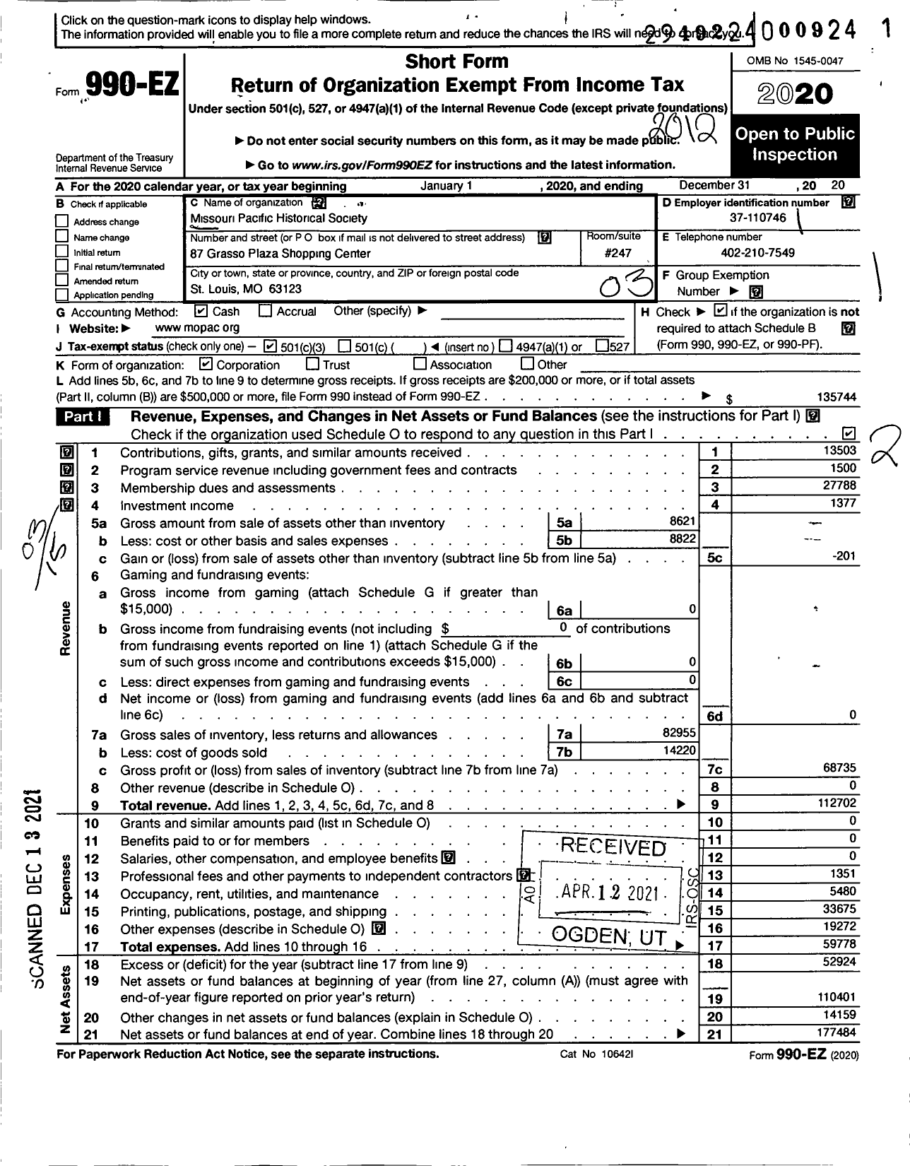 Image of first page of 2020 Form 990EZ for Missouri Pacific Historical Society