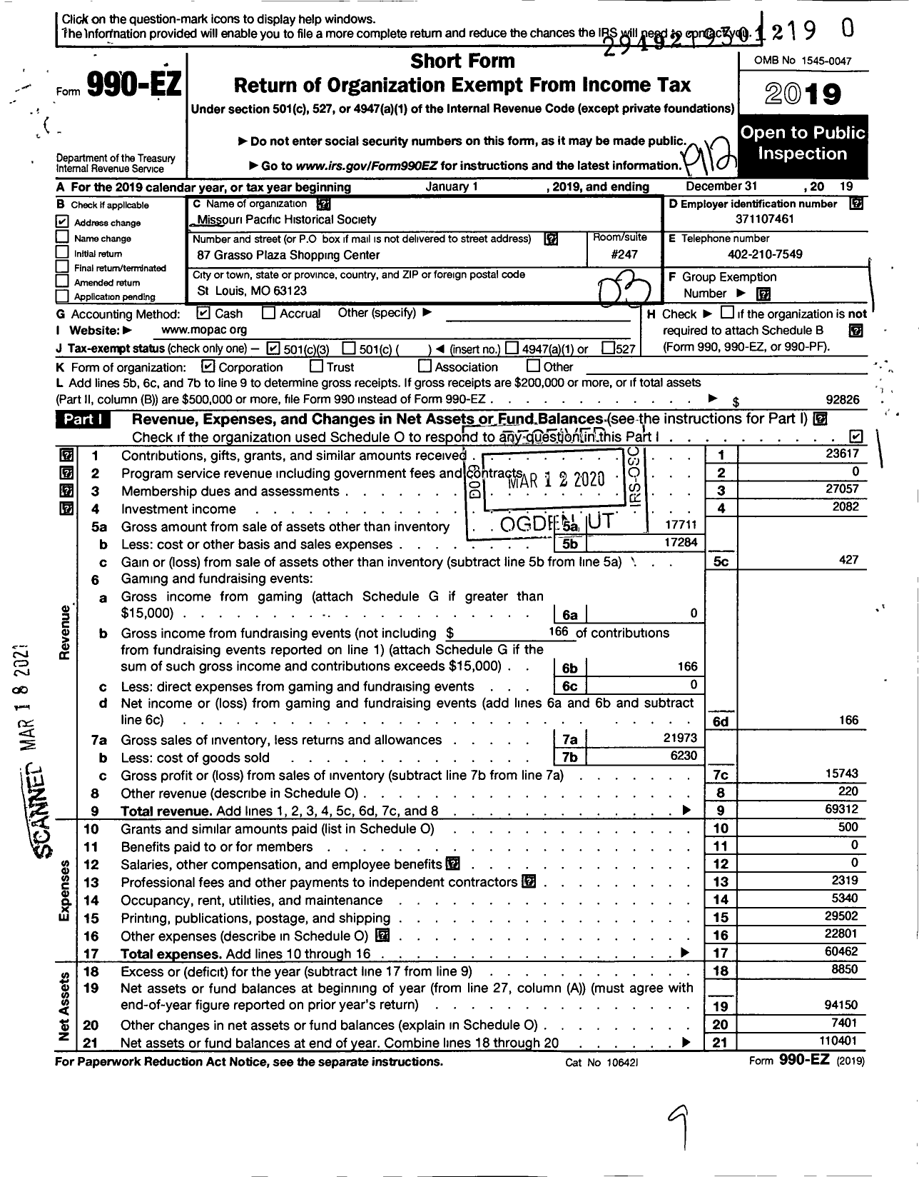 Image of first page of 2019 Form 990EZ for Missouri Pacific Historical Society