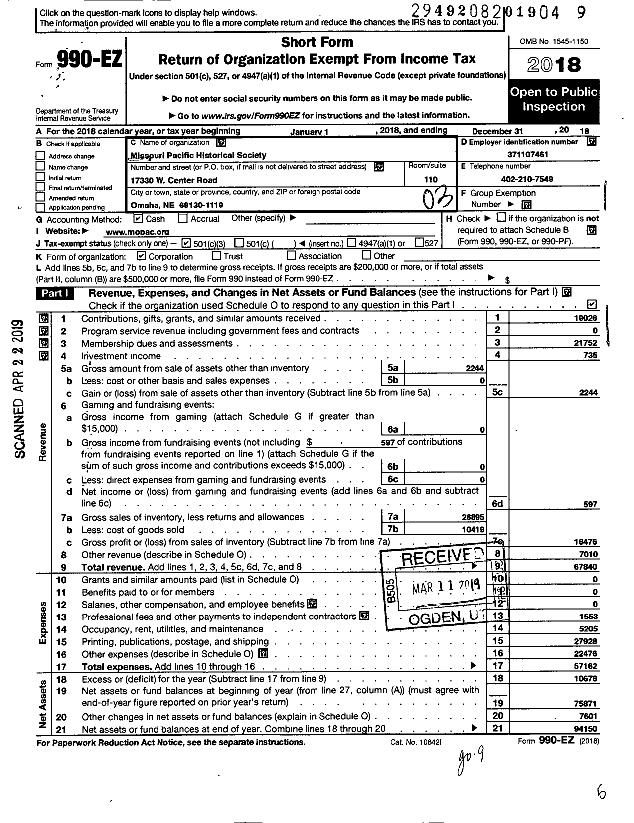 Image of first page of 2018 Form 990EZ for Missouri Pacific Historical Society