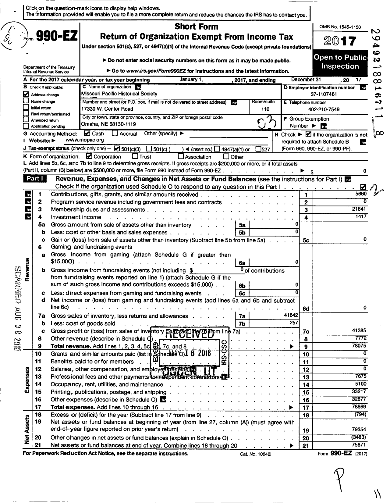 Image of first page of 2017 Form 990EZ for Missouri Pacific Historical Society