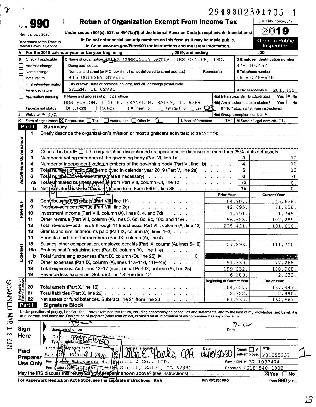 Image of first page of 2019 Form 990 for Salem Community Activities Center