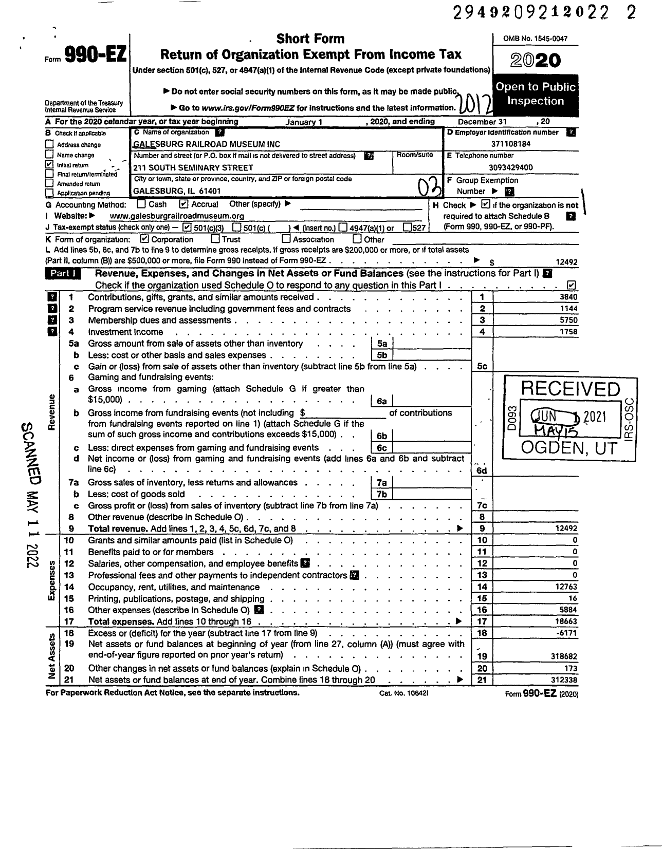 Image of first page of 2020 Form 990EZ for Galesburg Railroad Museum