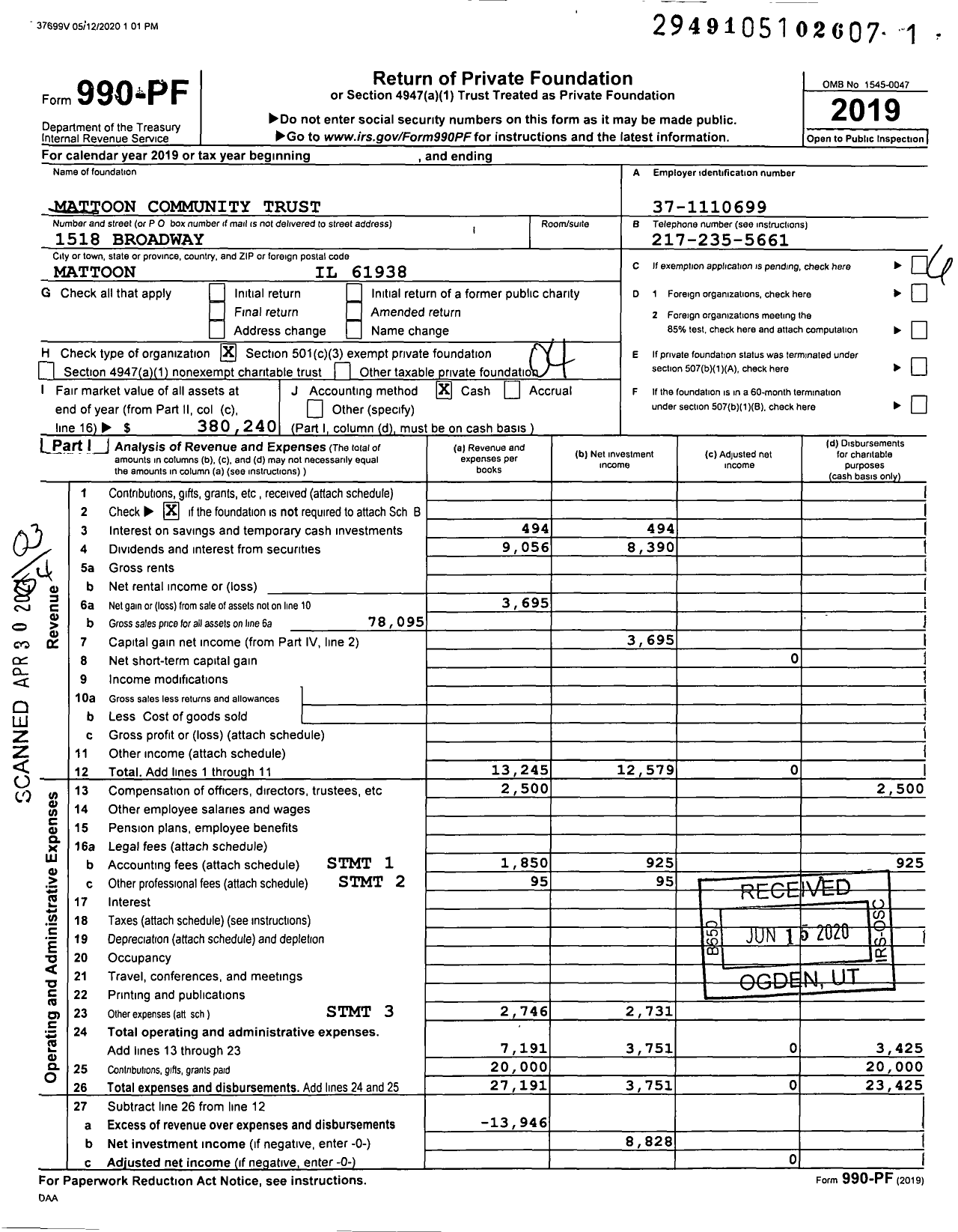 Image of first page of 2019 Form 990PF for Mattoon Community Trust