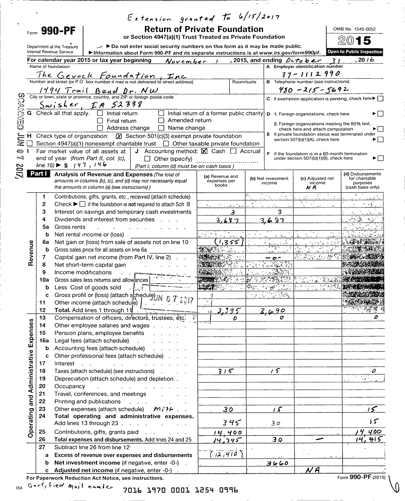 Image of first page of 2015 Form 990PF for The Gevock Foundation