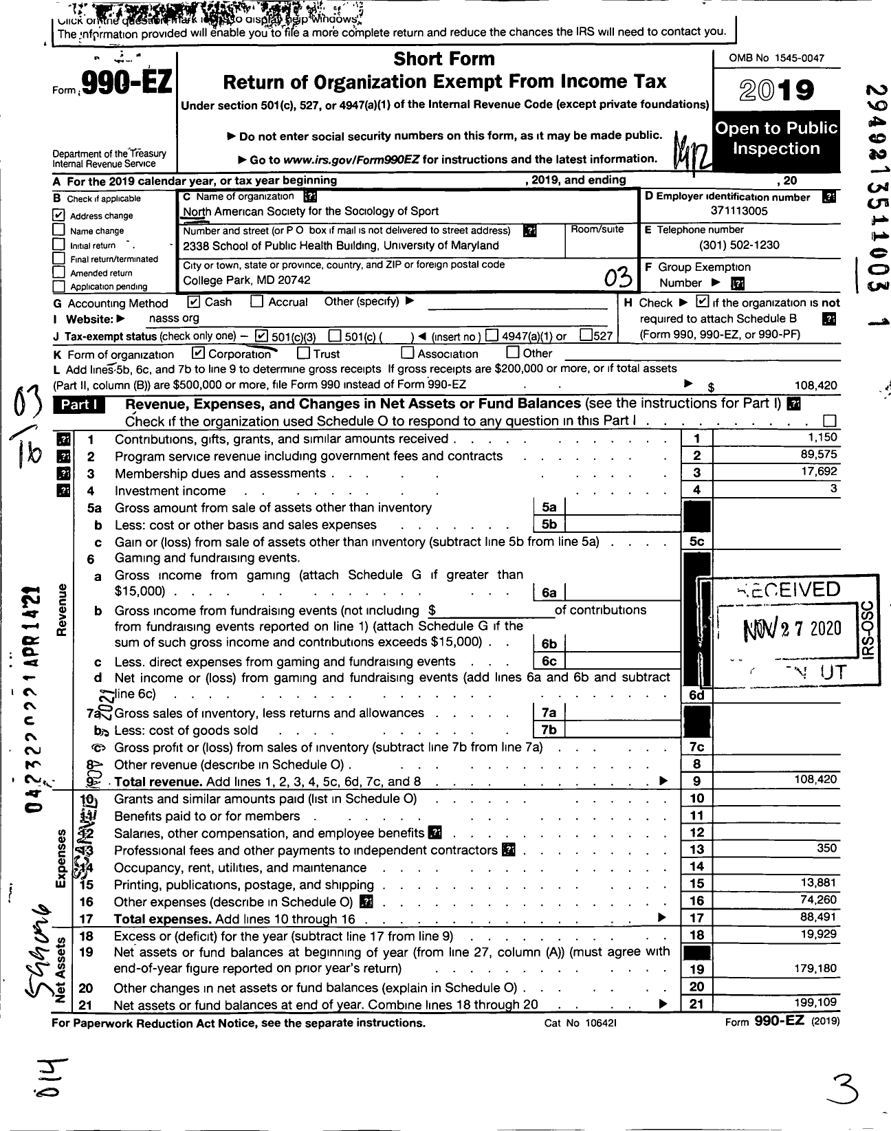 Image of first page of 2019 Form 990EZ for North American Society for the Sociology of Sport