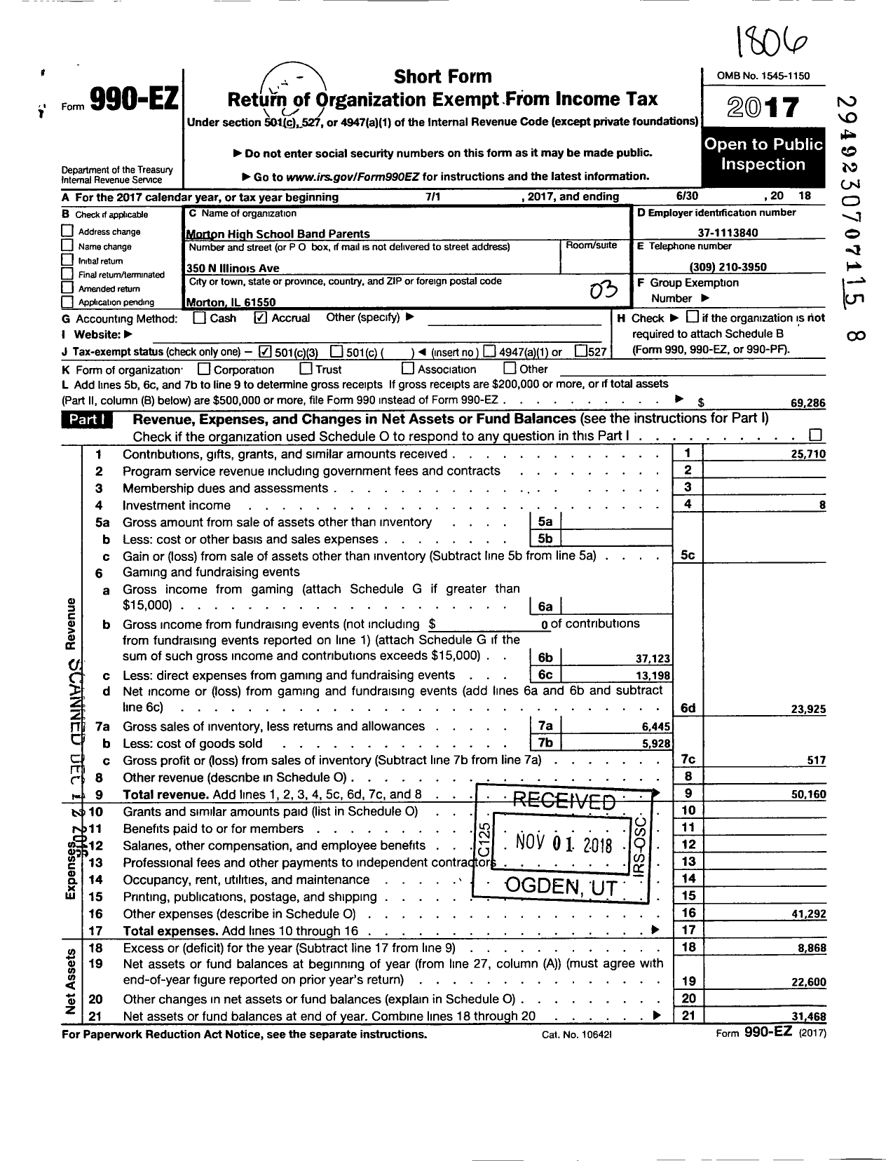 Image of first page of 2017 Form 990EZ for Morton High School Band Parents