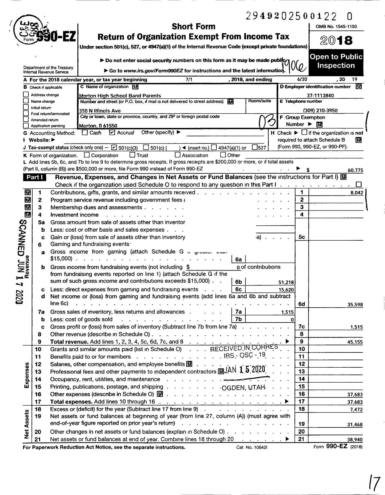 Image of first page of 2018 Form 990EZ for Morton High School Band Parents