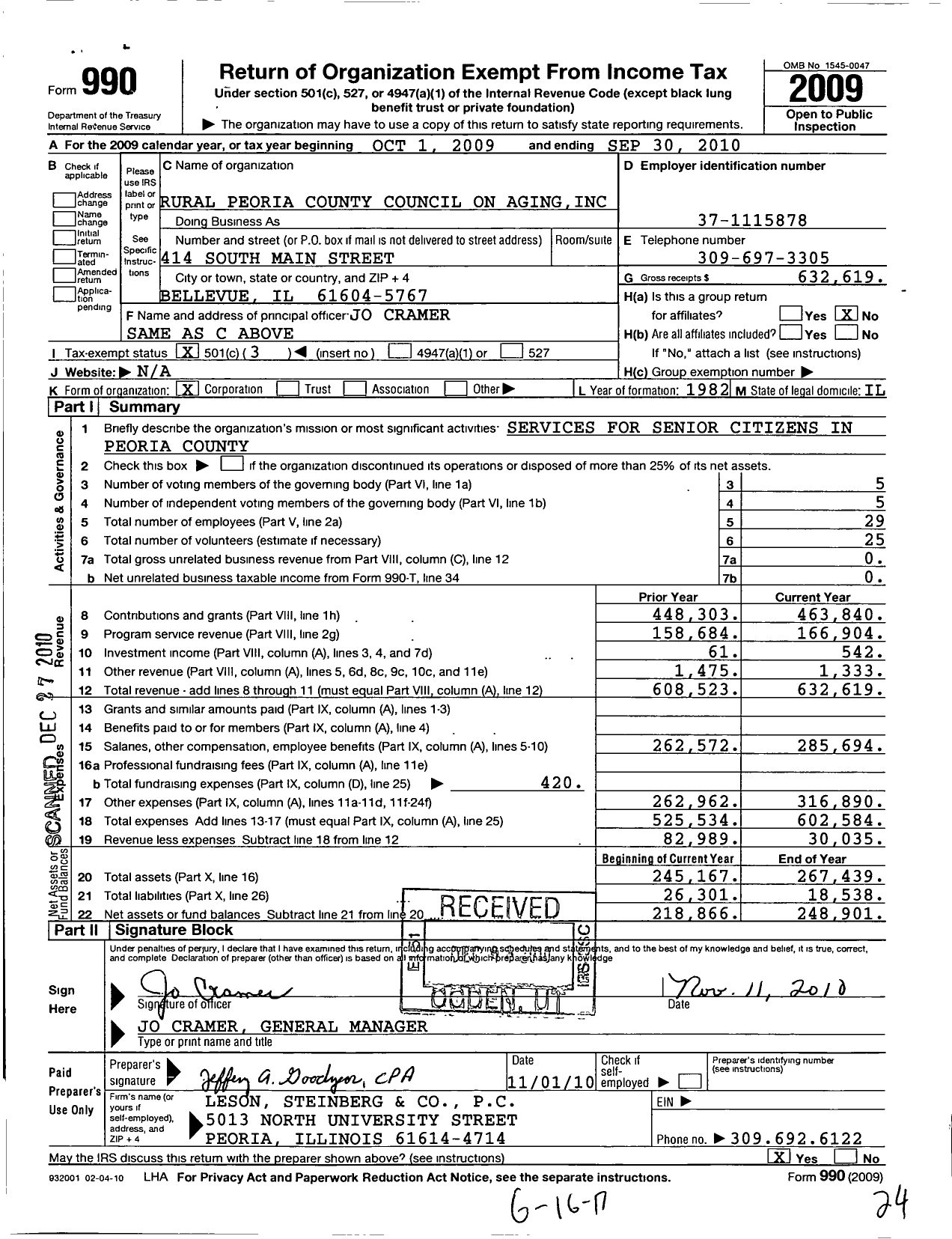 Image of first page of 2009 Form 990 for Rural Peoria County Council on Aging