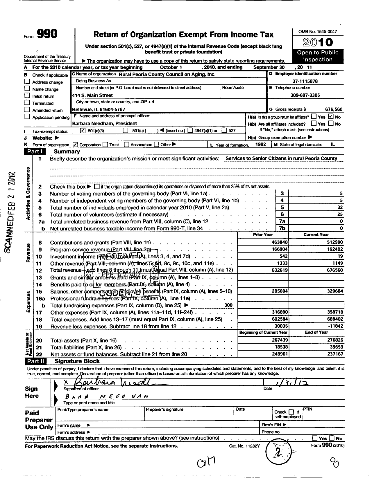 Image of first page of 2010 Form 990 for Rural Peoria County Council on Aging