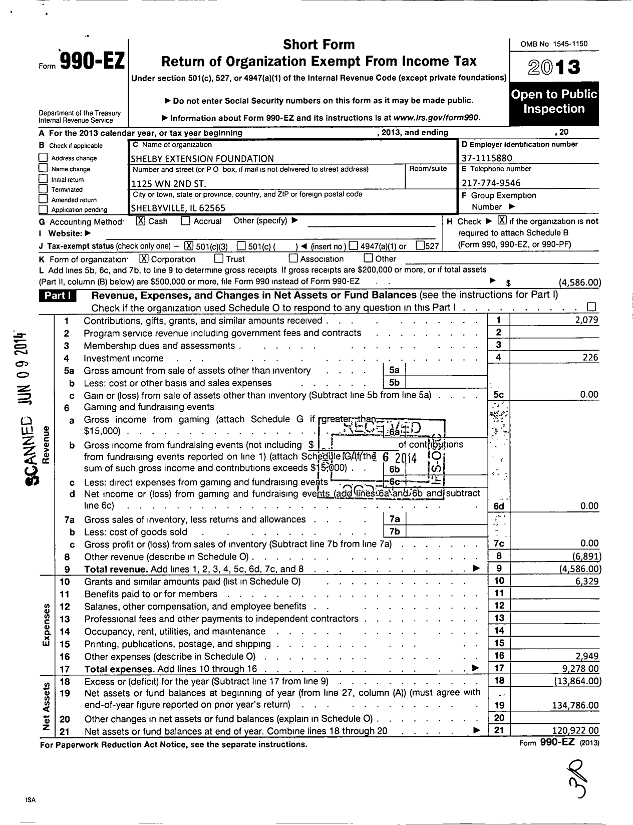 Image of first page of 2013 Form 990EZ for Shelby Extension Foundation