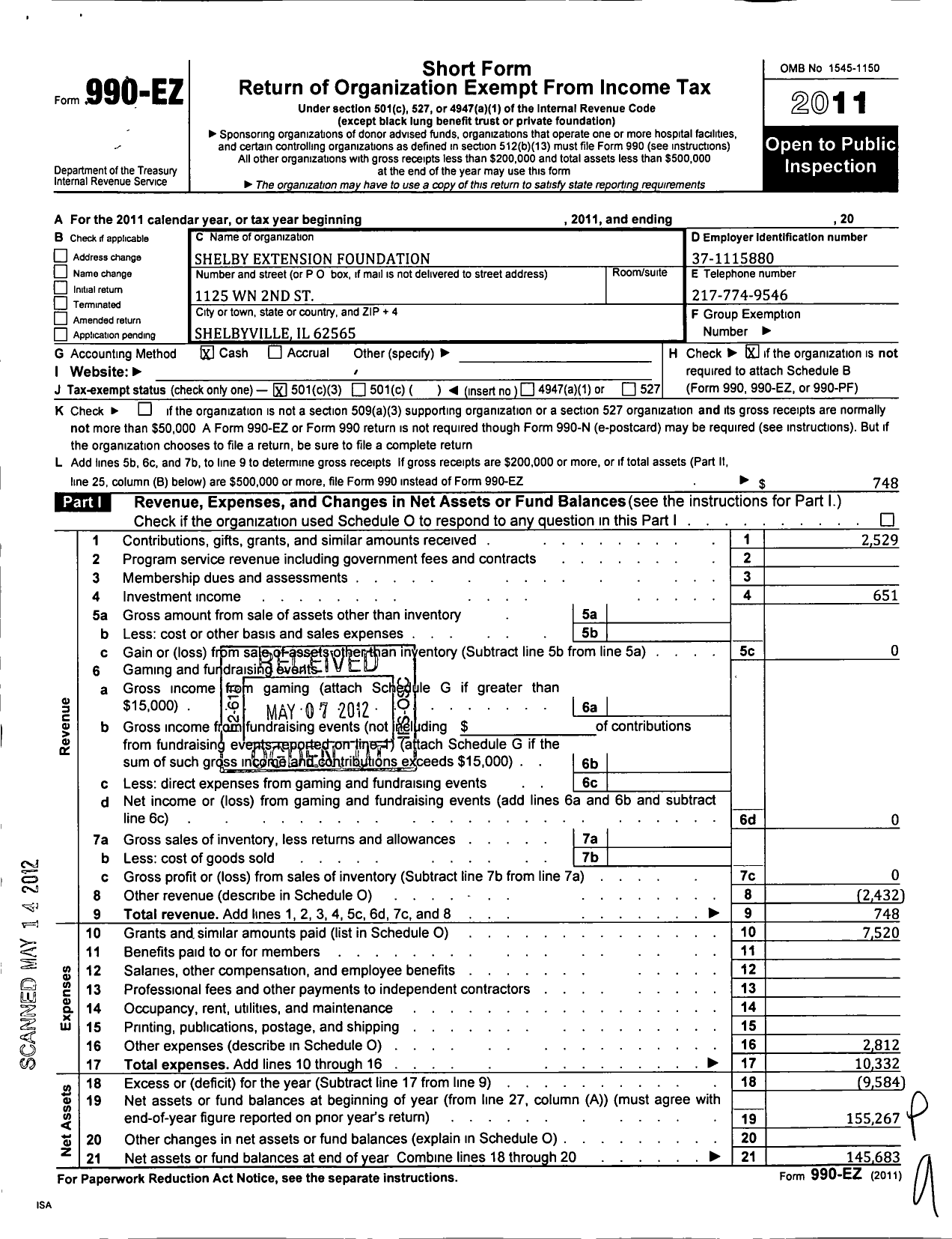 Image of first page of 2011 Form 990EZ for Shelby Extension Foundation