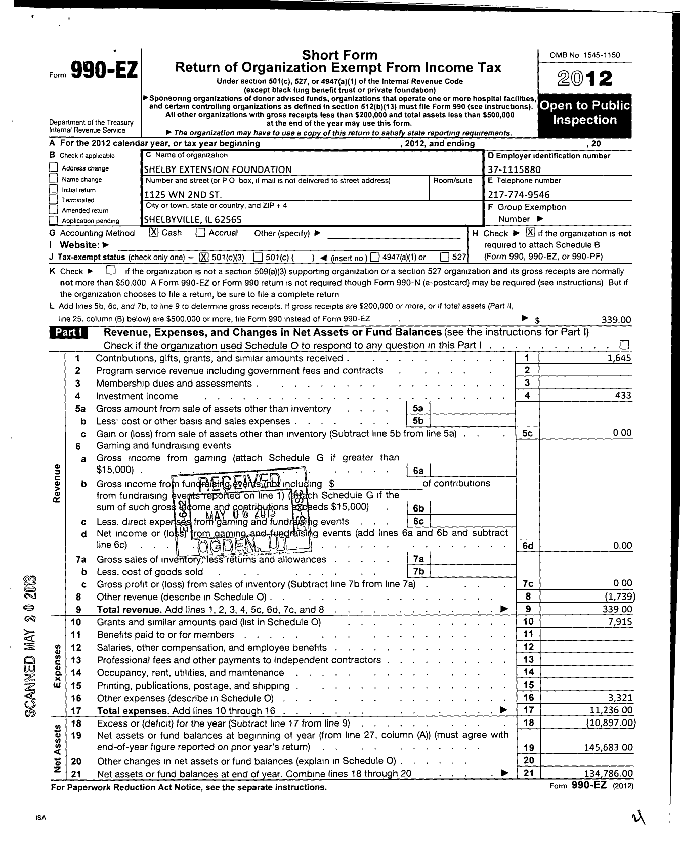 Image of first page of 2012 Form 990EZ for Shelby Extension Foundation