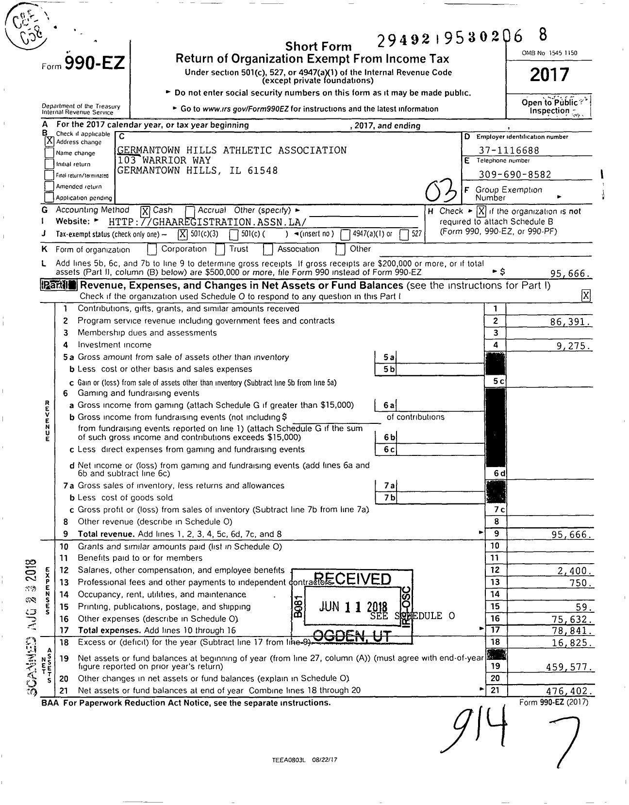 Image of first page of 2017 Form 990EZ for Germantown Hills Athletic Association