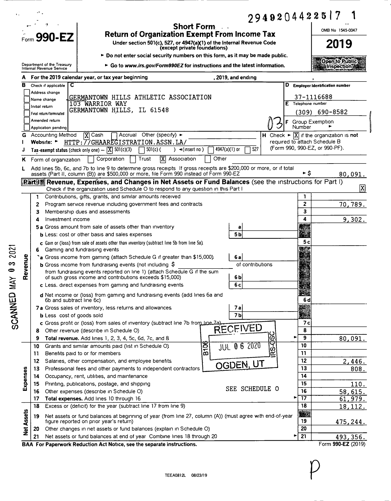 Image of first page of 2019 Form 990EZ for Germantown Hills Athletic Association