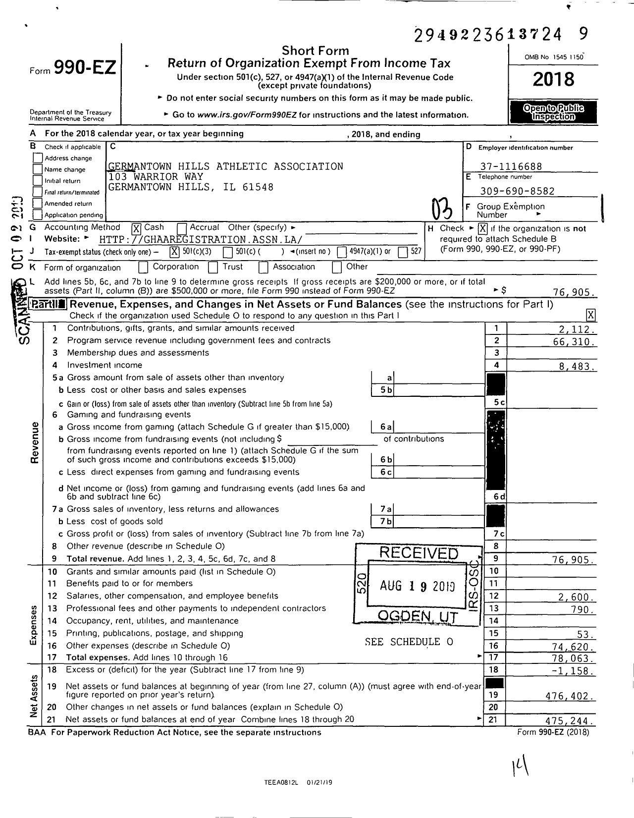 Image of first page of 2018 Form 990EZ for Germantown Hills Athletic Association