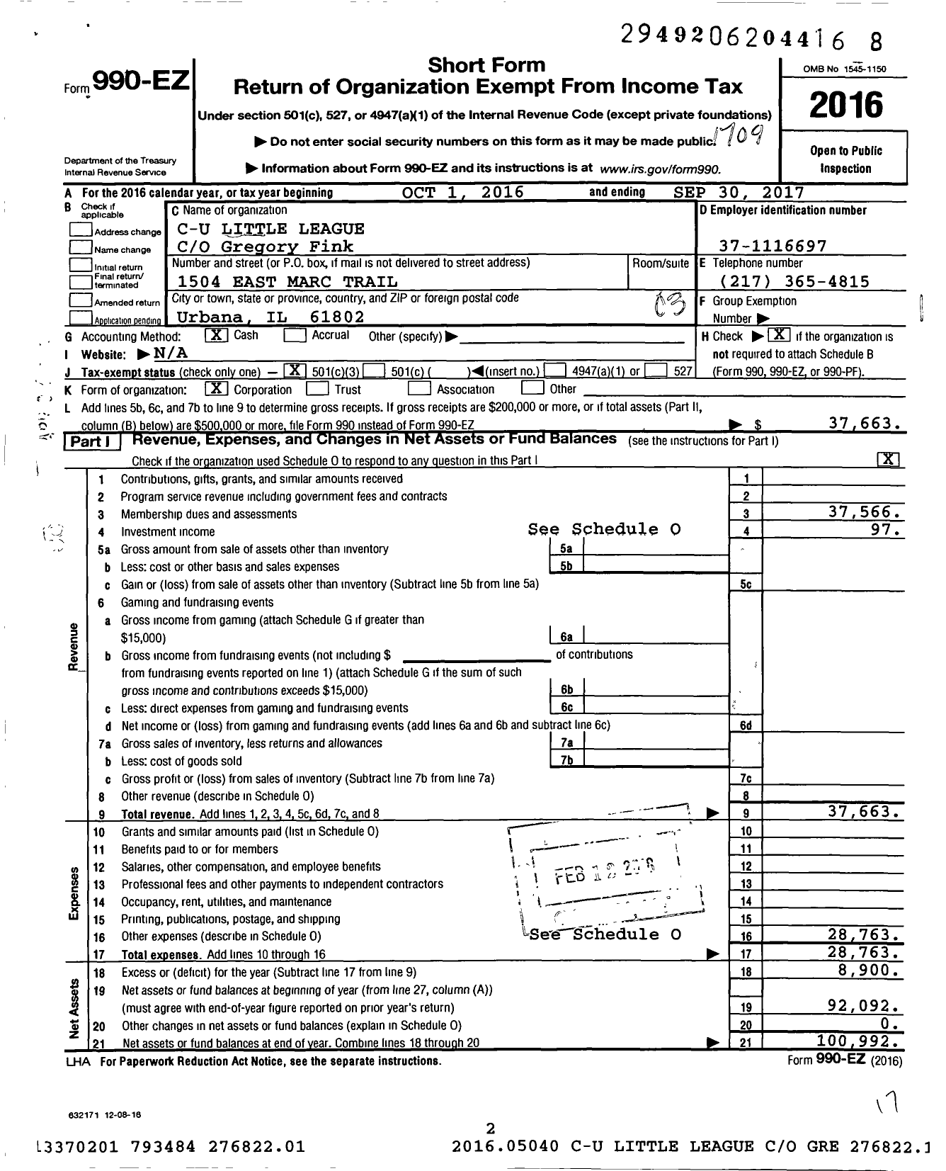 Image of first page of 2016 Form 990EZ for Little League Baseball - 1130202 Champaign East LL