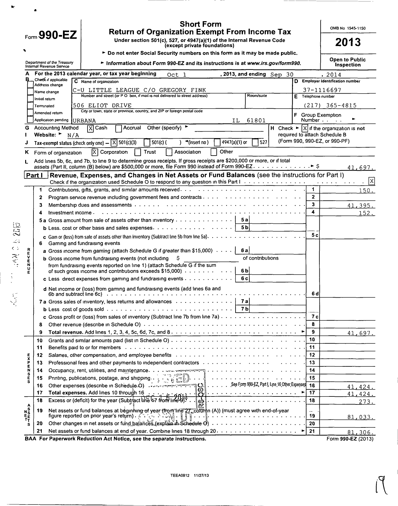 Image of first page of 2013 Form 990EZ for Little League Baseball - 1130202 Champaign East LL