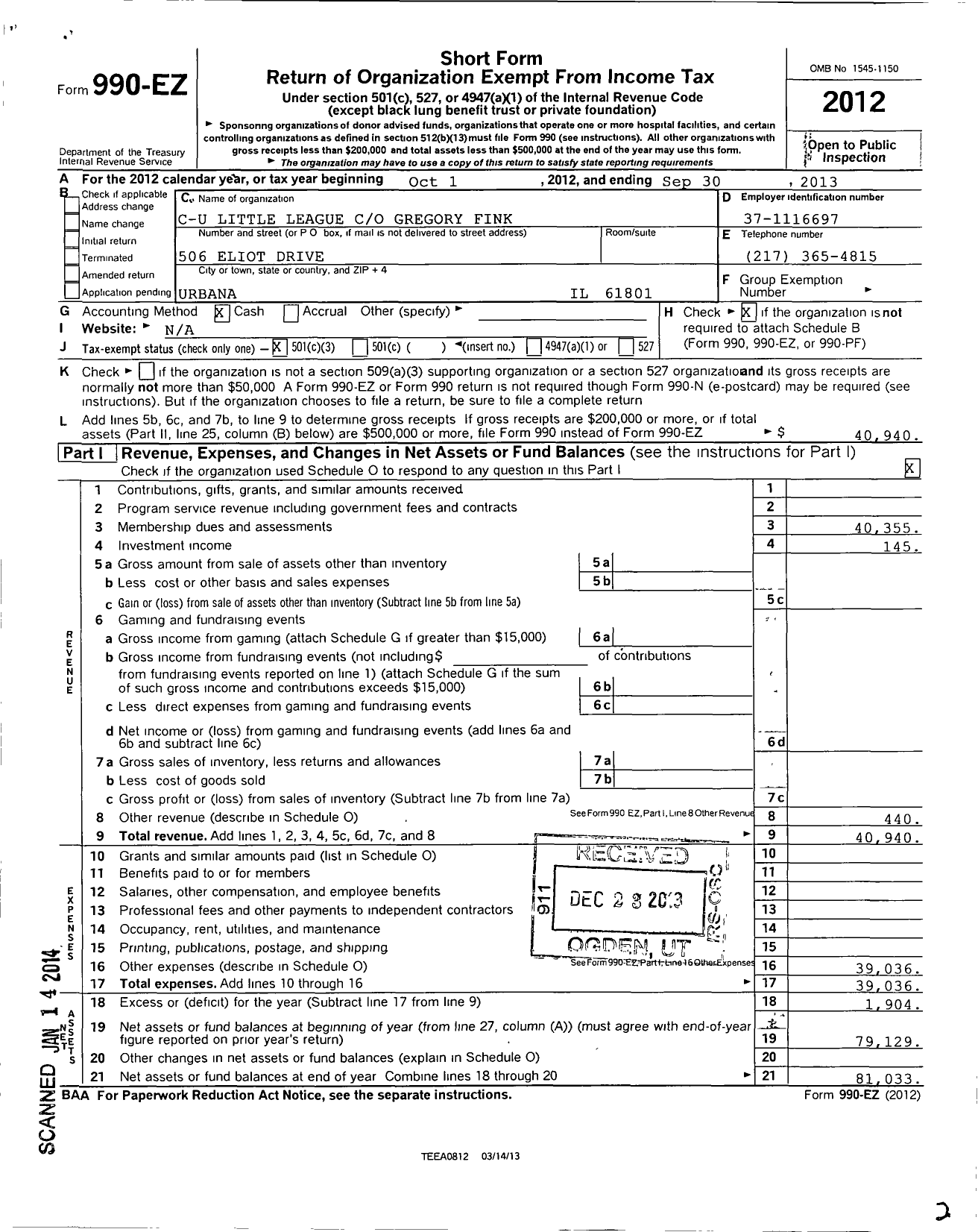 Image of first page of 2012 Form 990EZ for Little League Baseball - 1130202 Champaign East LL