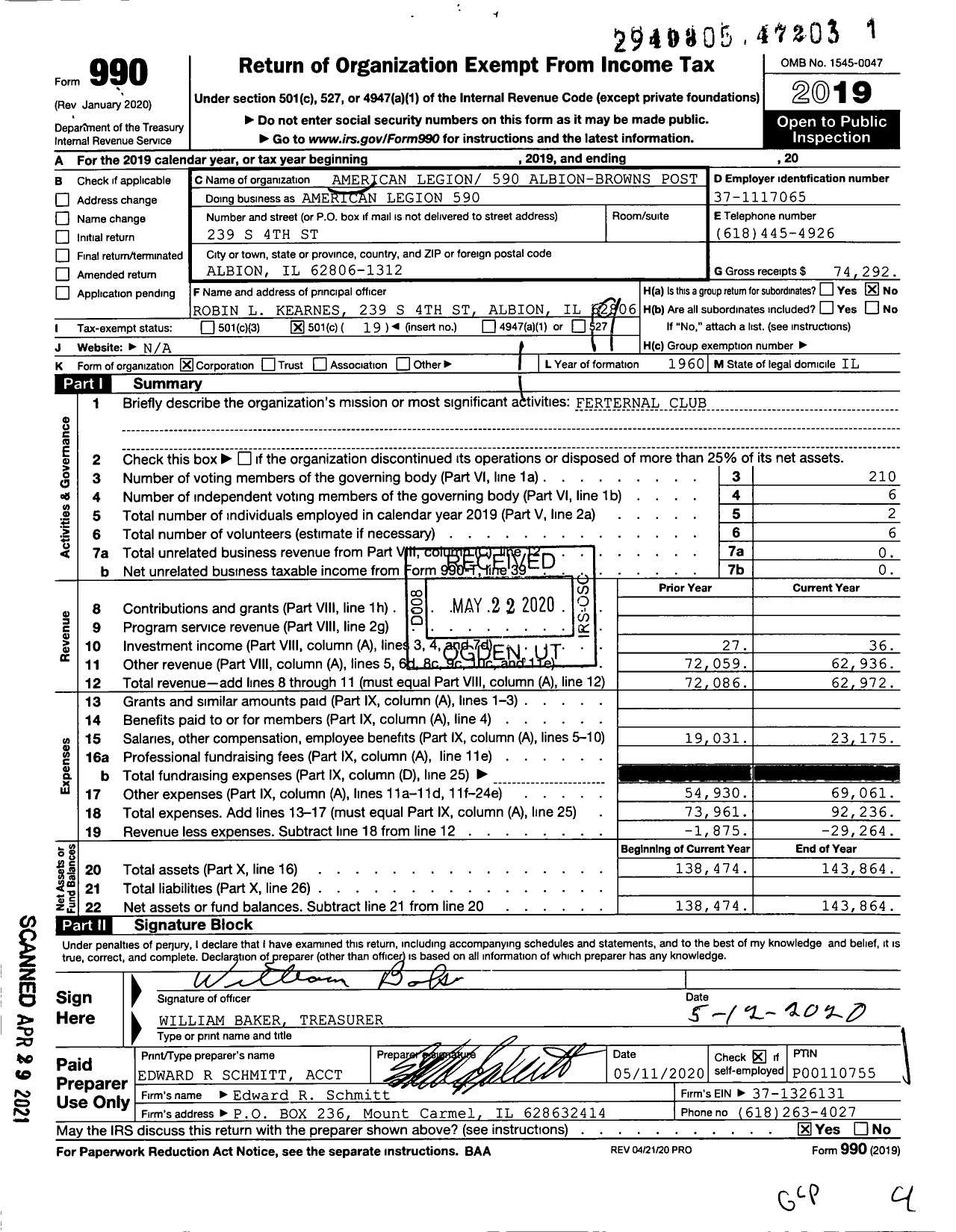 Image of first page of 2019 Form 990O for American Legion - American Legion 590 Albion Browns Post