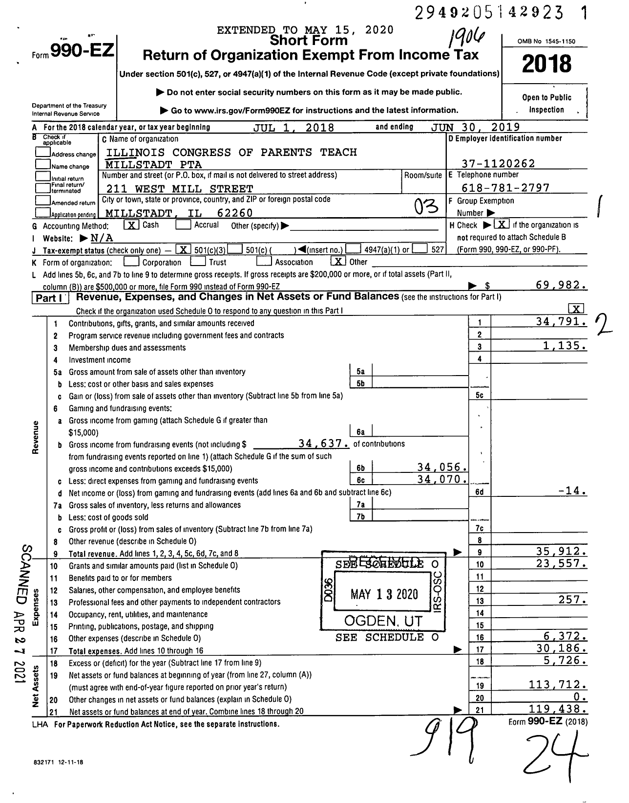 Image of first page of 2018 Form 990EZ for Illinois PTA - Millstadt PTA